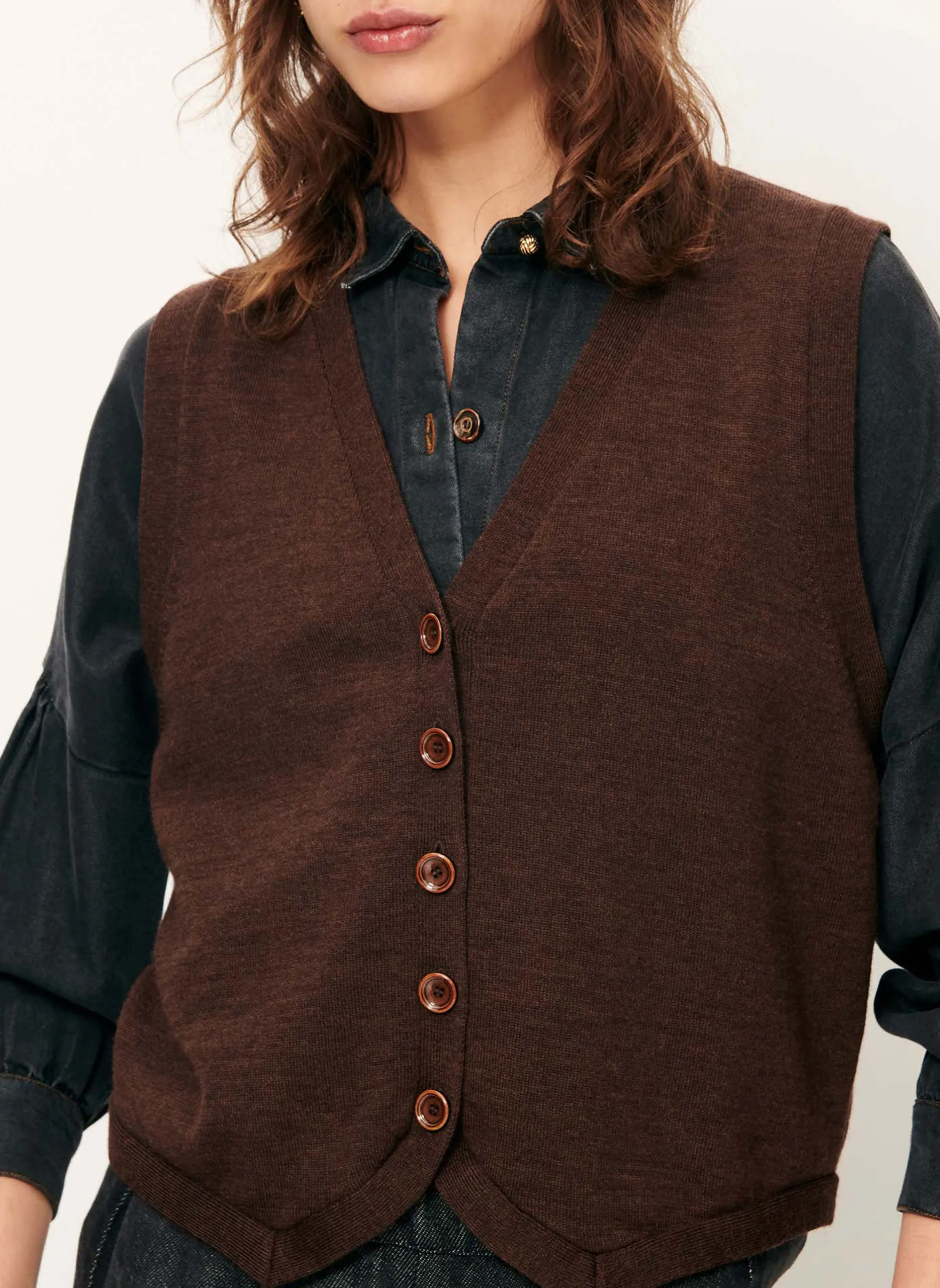 Gilet col v en laine Marron GIANCARLO