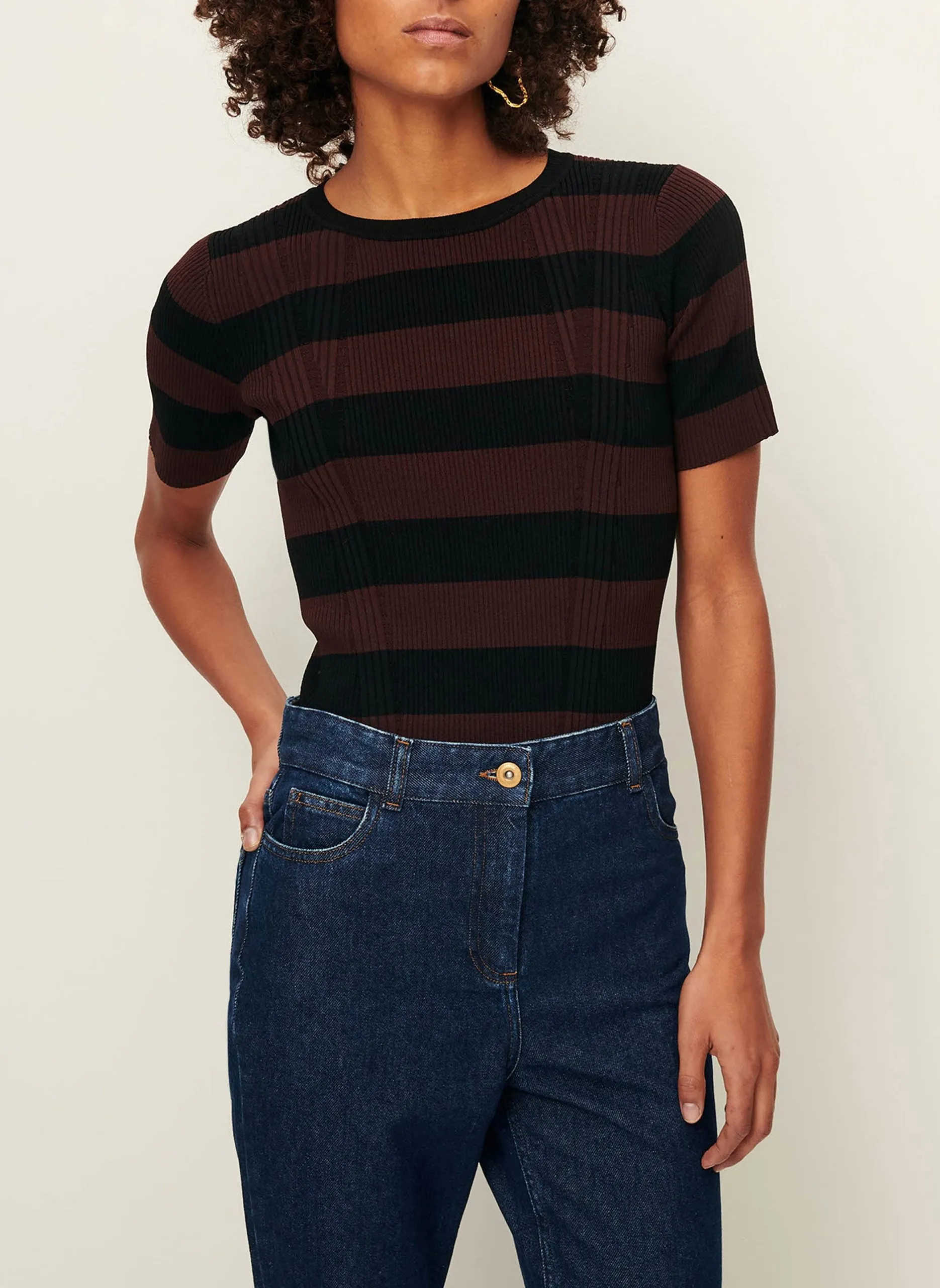 Tee-shirt ajusté en maille rayée Noir REGINA