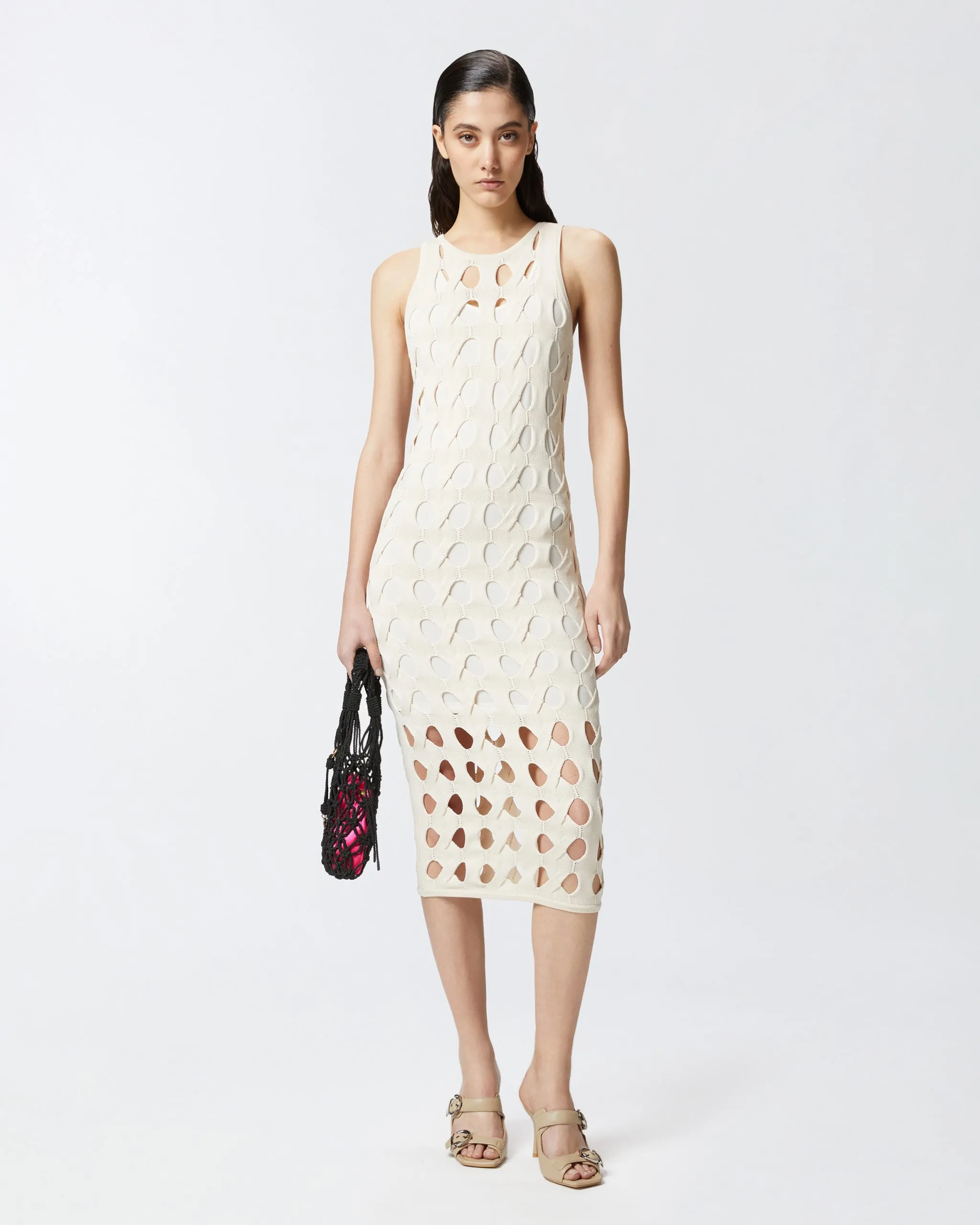 Robe midi en tricot perforé Beige