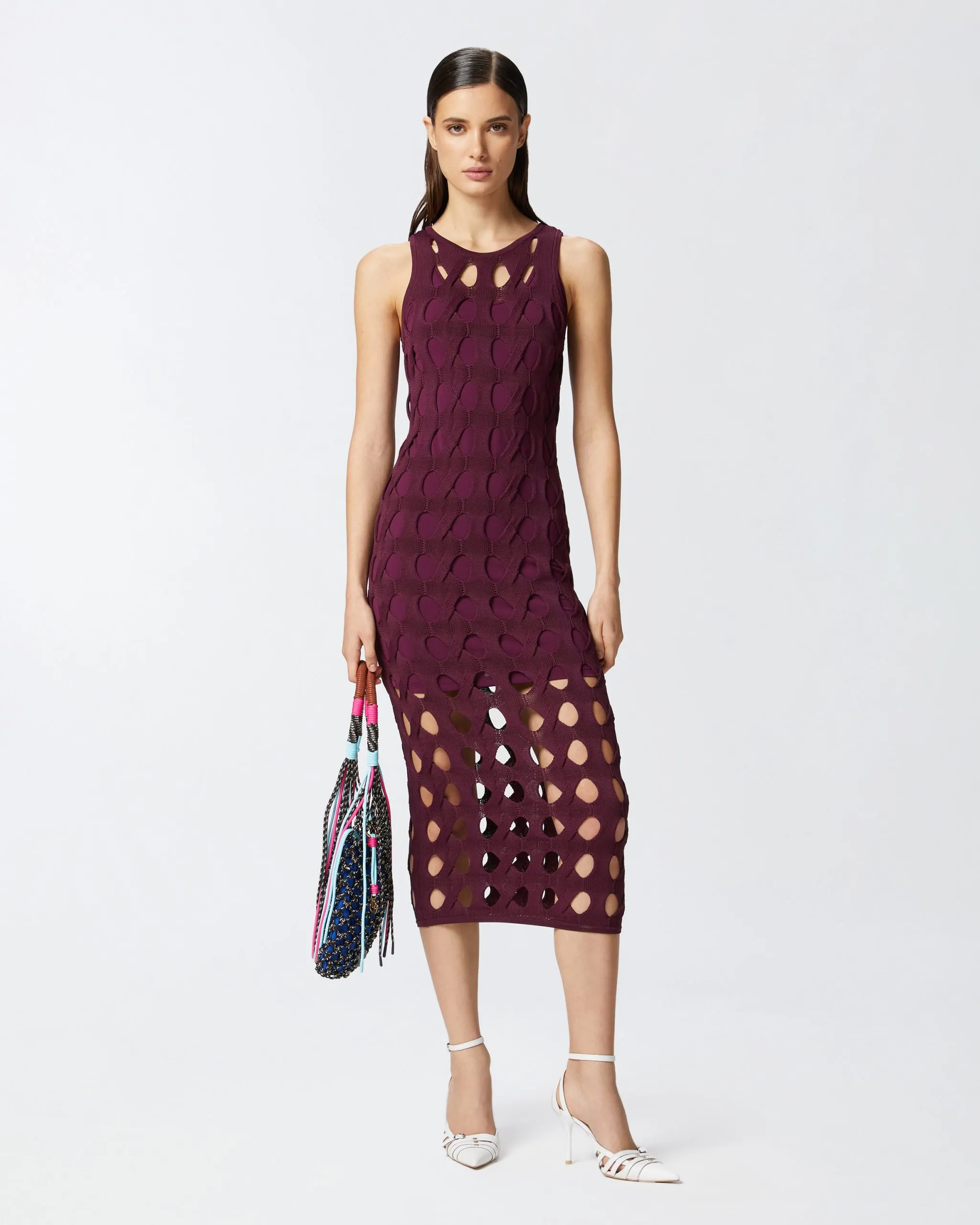 Robe midi en tricot perforé Rouge