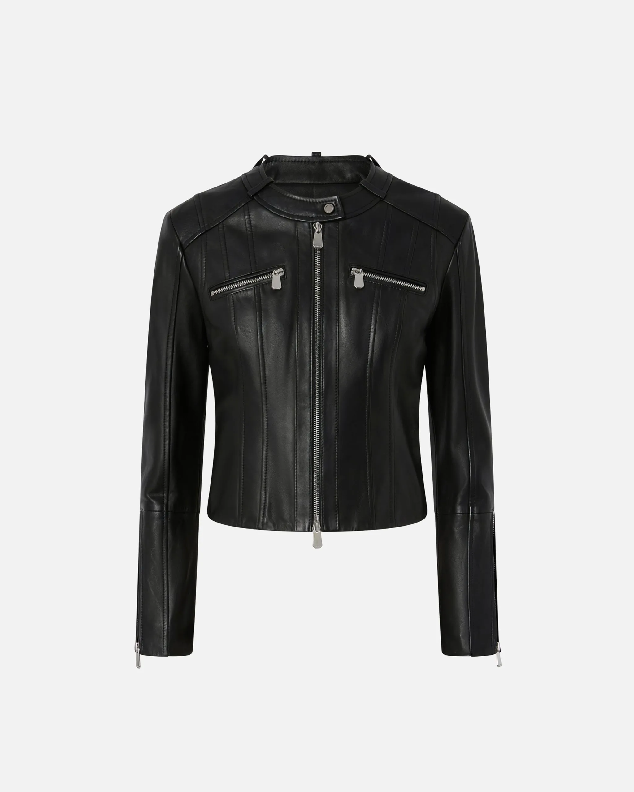 Veste de biker en cuir nappa avec coutures verticales. Noir