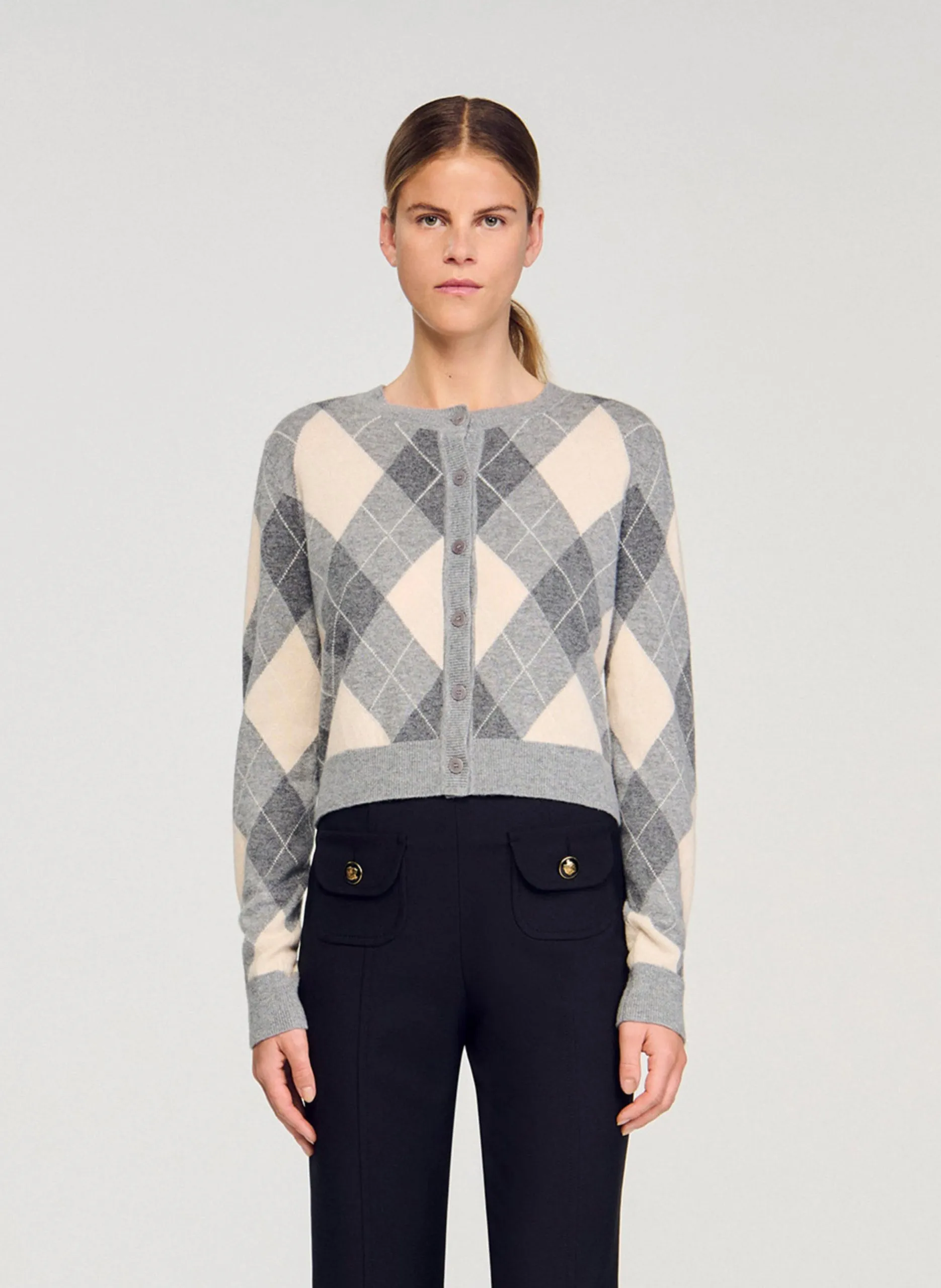 Cardigan court imprimé en laine mélangée Gris