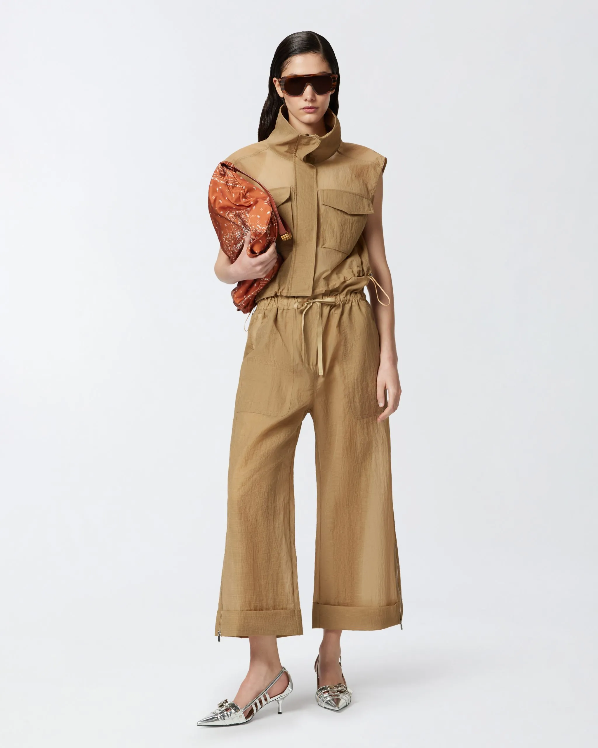 Pantalon culotte large en tissu léger Marron