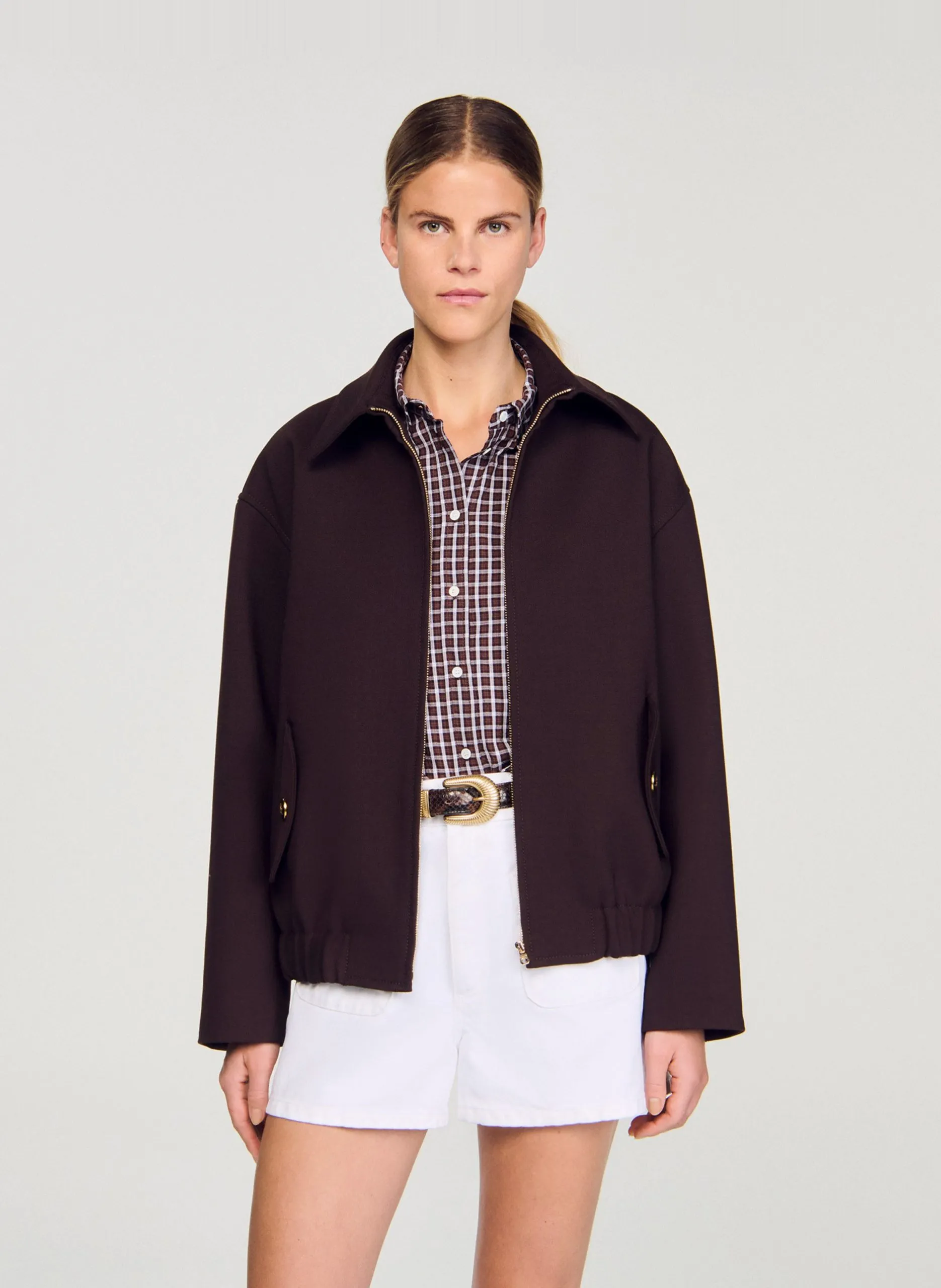 Blouson court uni zippé Marron