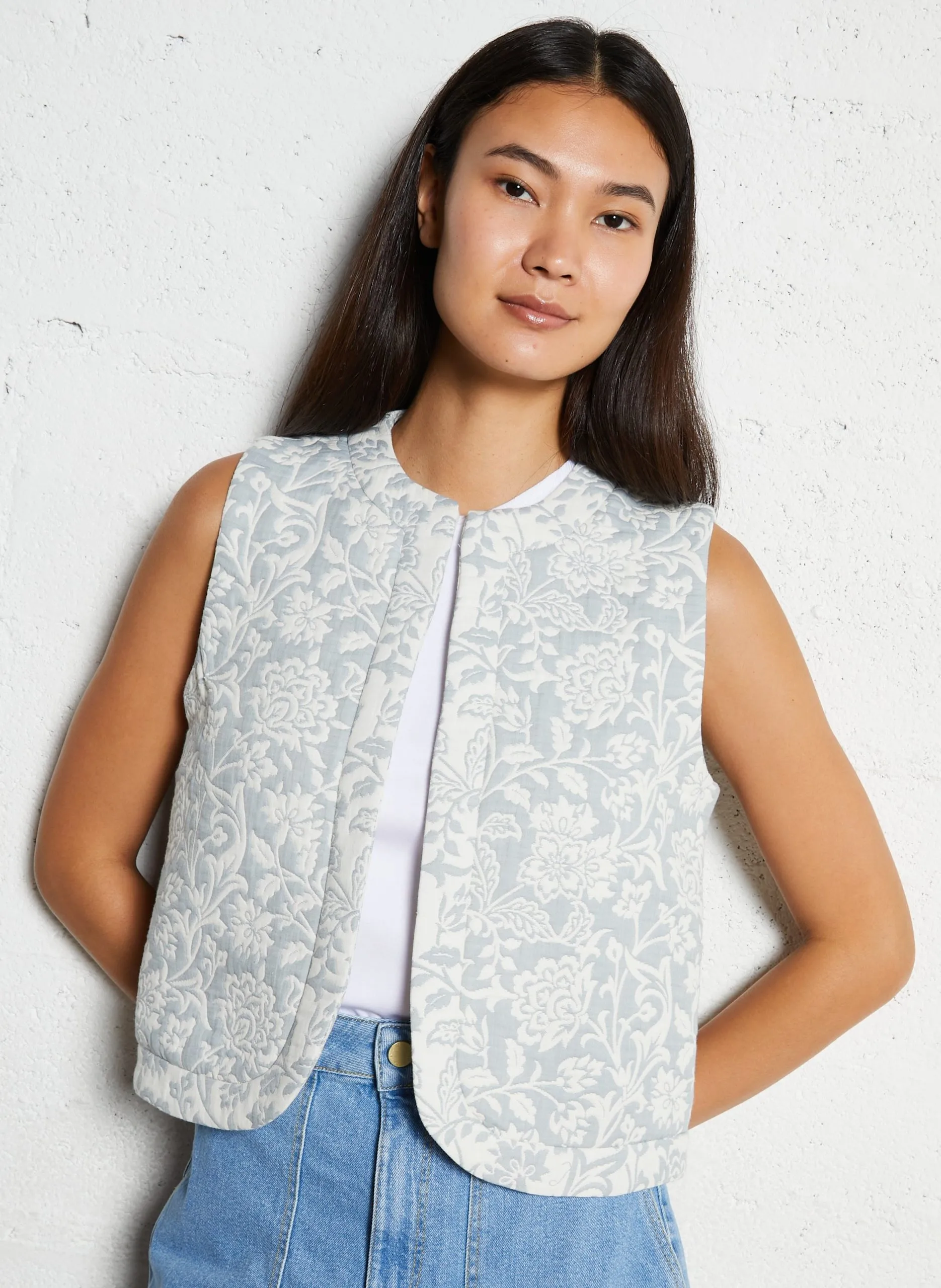 Gilet col rond en coton Bleu CELIA