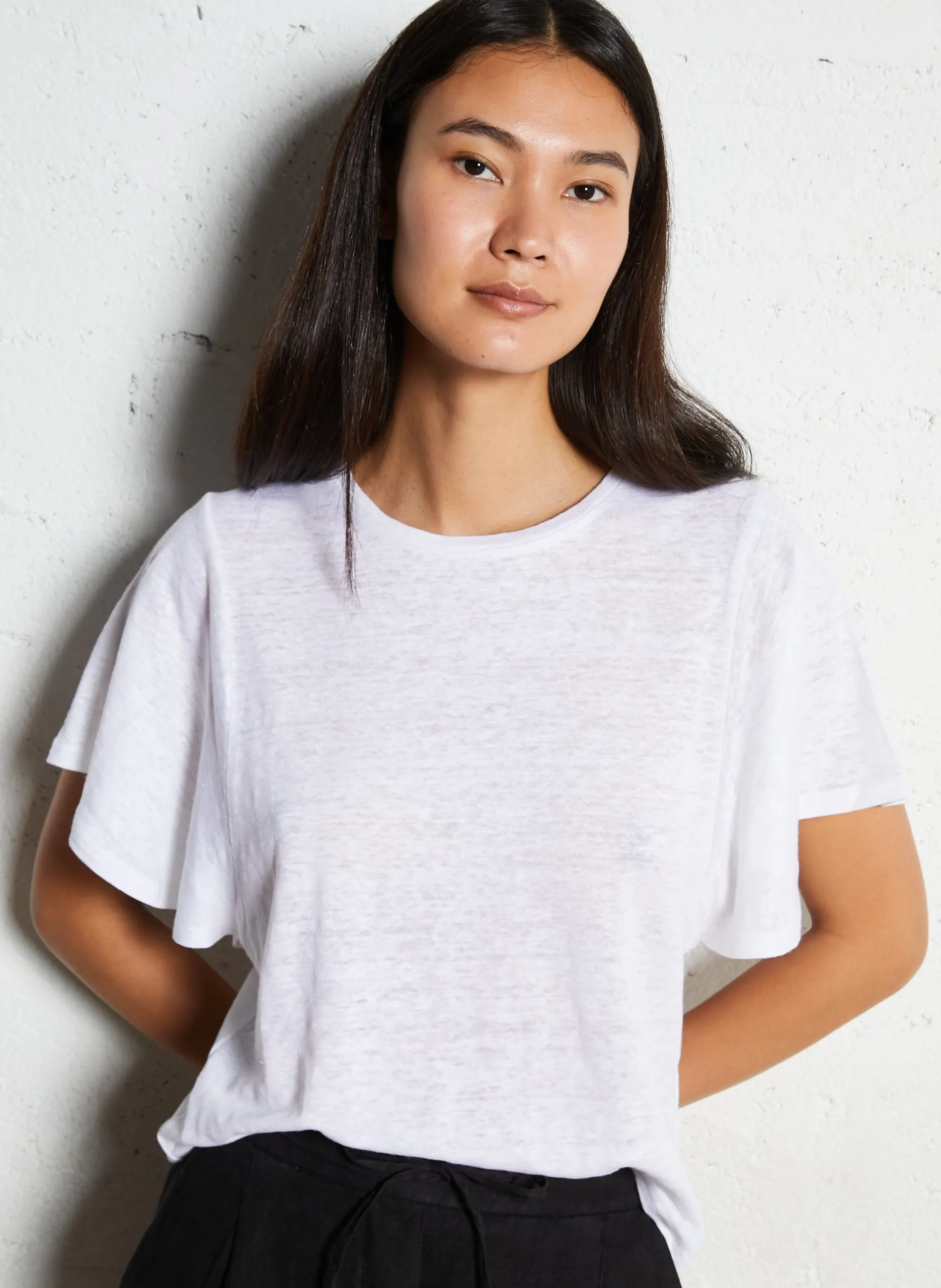 Tee-shirt droit manches papillon en lin Blanc TALMA