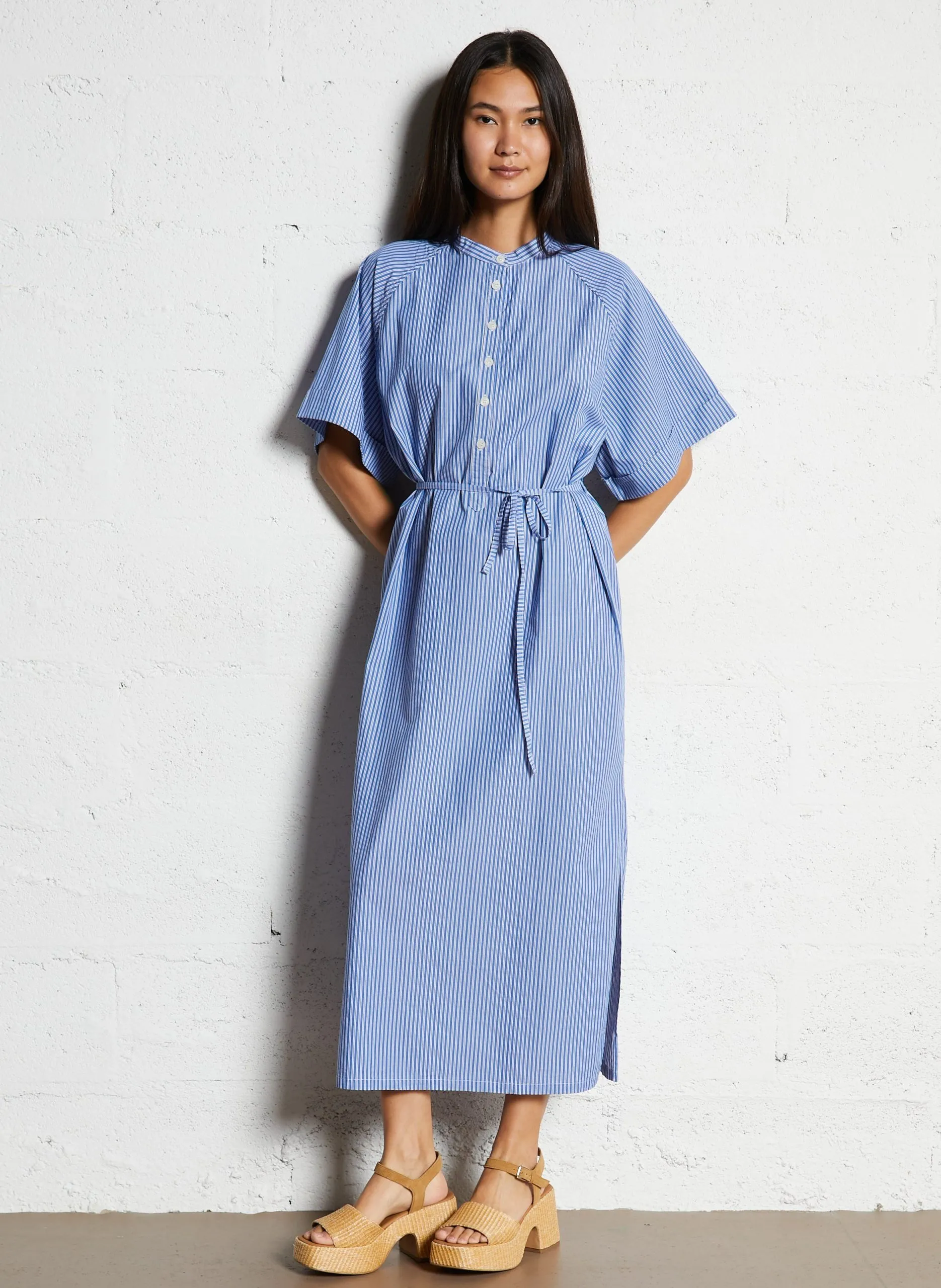 Robe midi ceinturée à rayures Bleu ZATYBAY