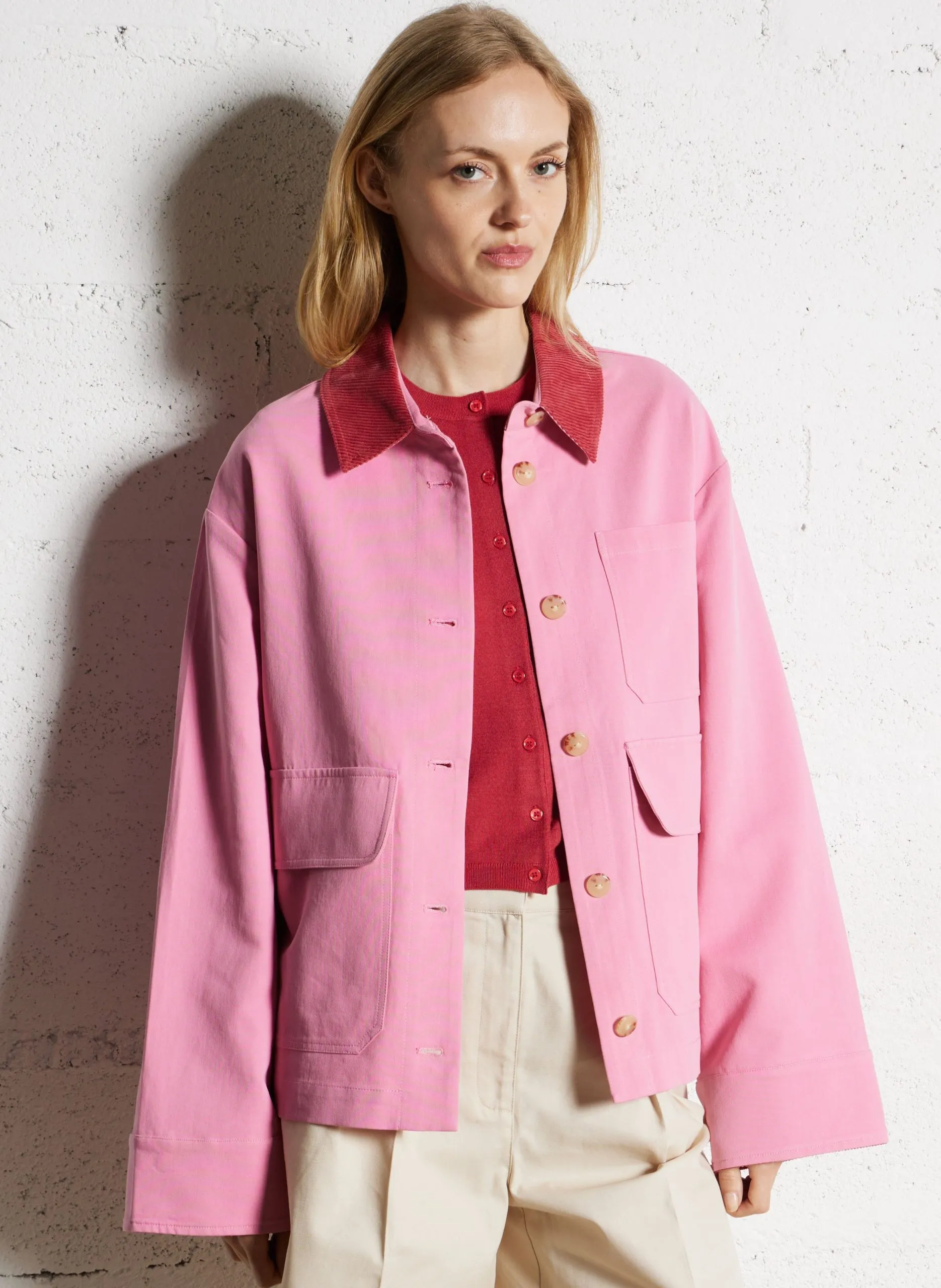 Veste droite à col côtelé velours Rose SALOME