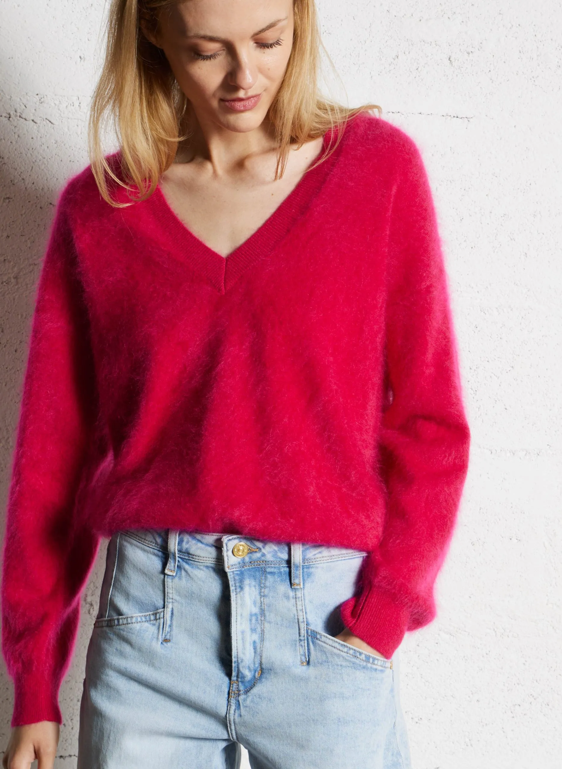 Pull droit manches longues en cachemire Rose