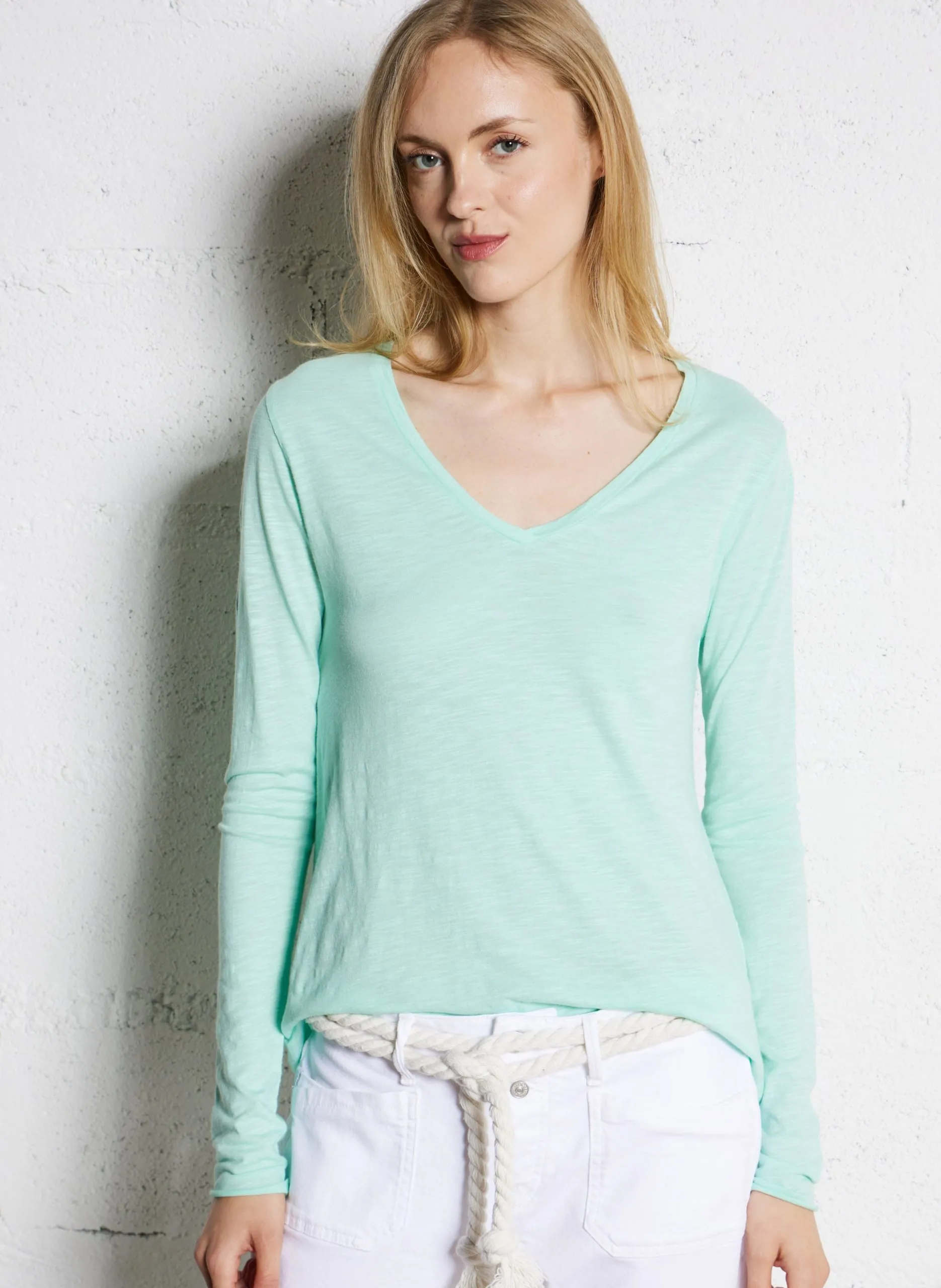 Tee-shirt à col V en coton mélangé Bleu JACKSONVILLE