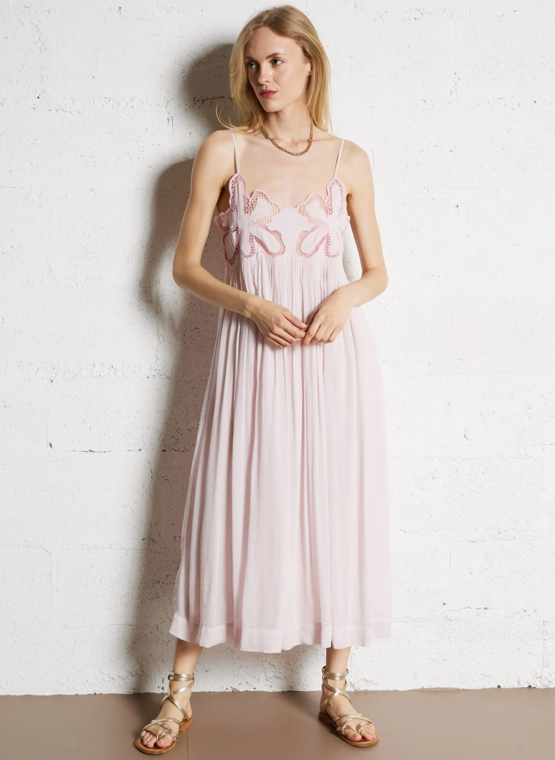 Robe midi col rond en coton Rose ROSALINDA