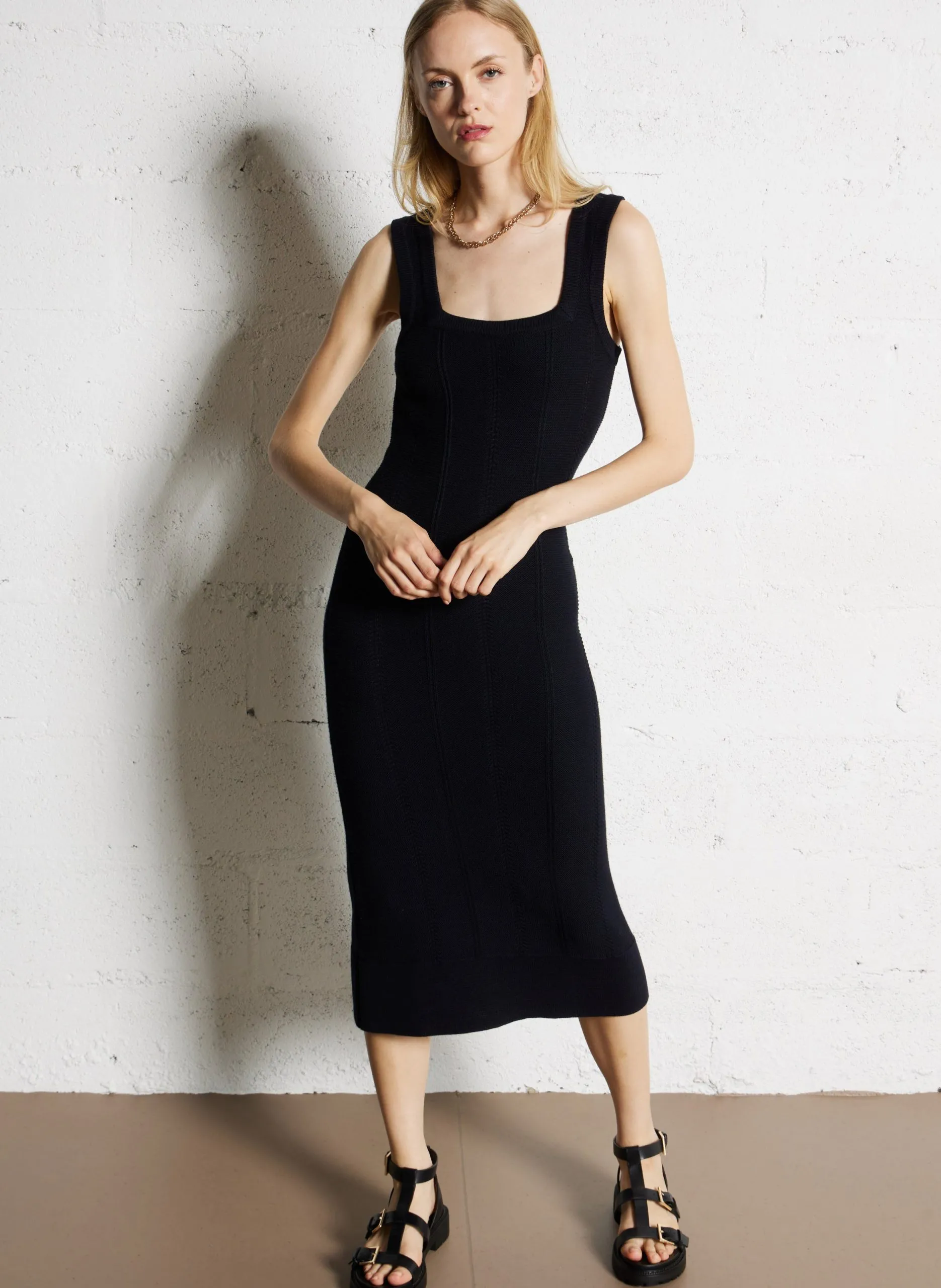 Robe midi col carré en coton et en soie mélangés Bleu YSEE