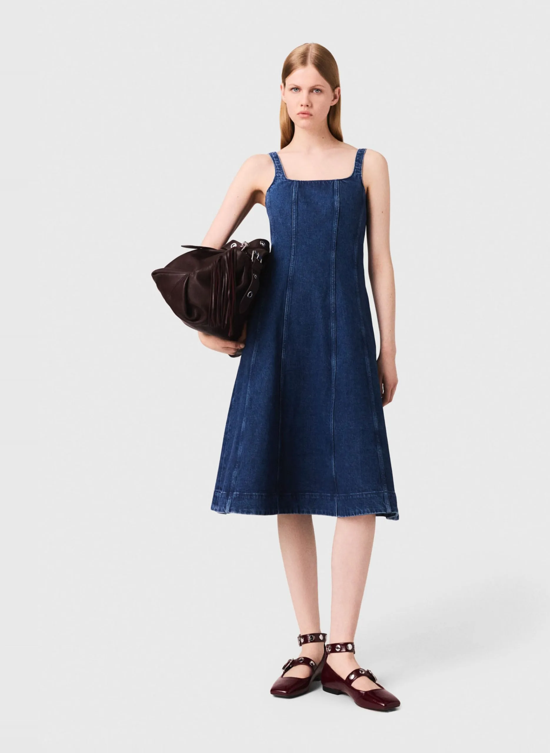 Robe midi col carre en denim de coton mélangé Bleu