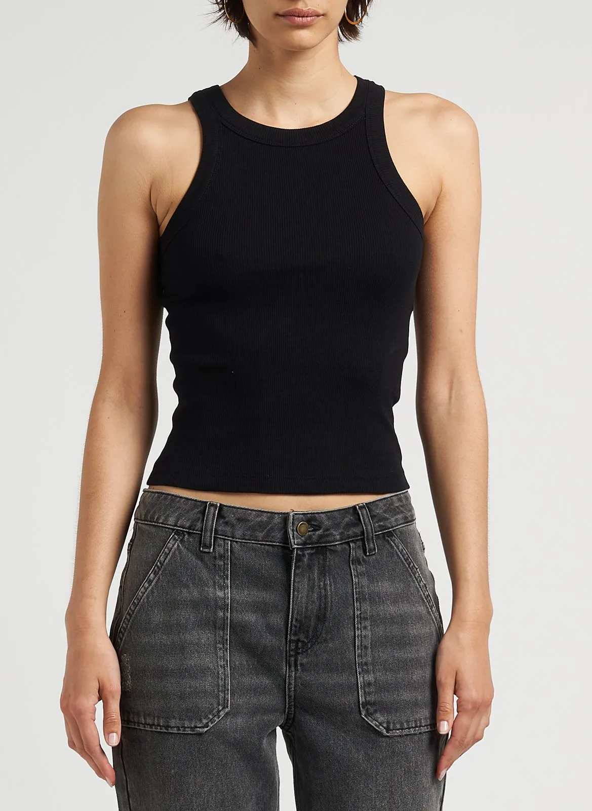 Débardeur col rond côtelé en coton Noir CYNDA