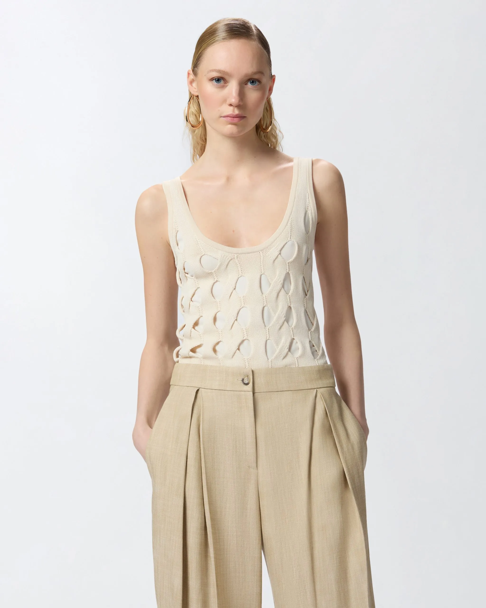 Perforated knit tank top Beige