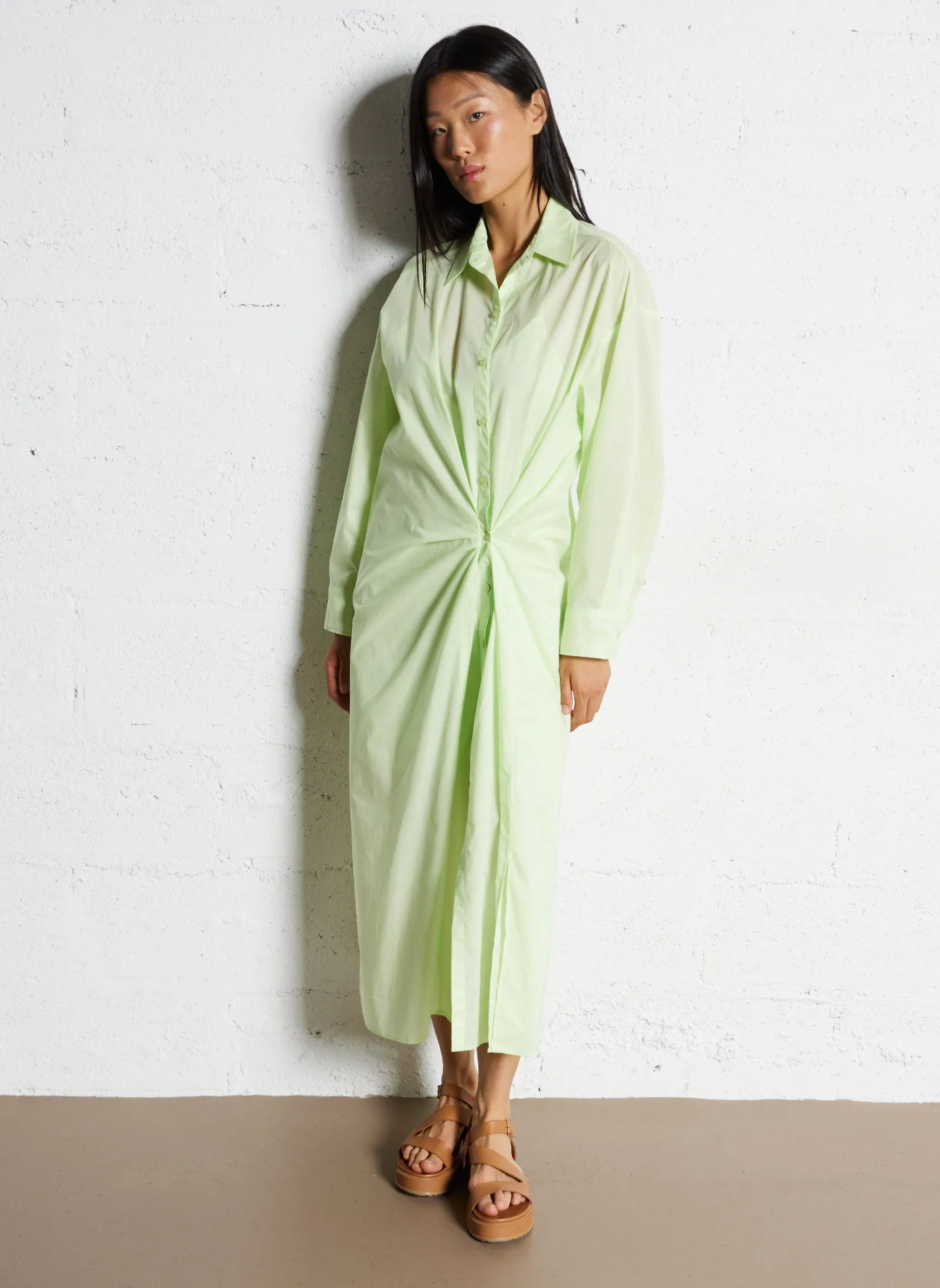 Robe midi col classique en coton Vert JILLY