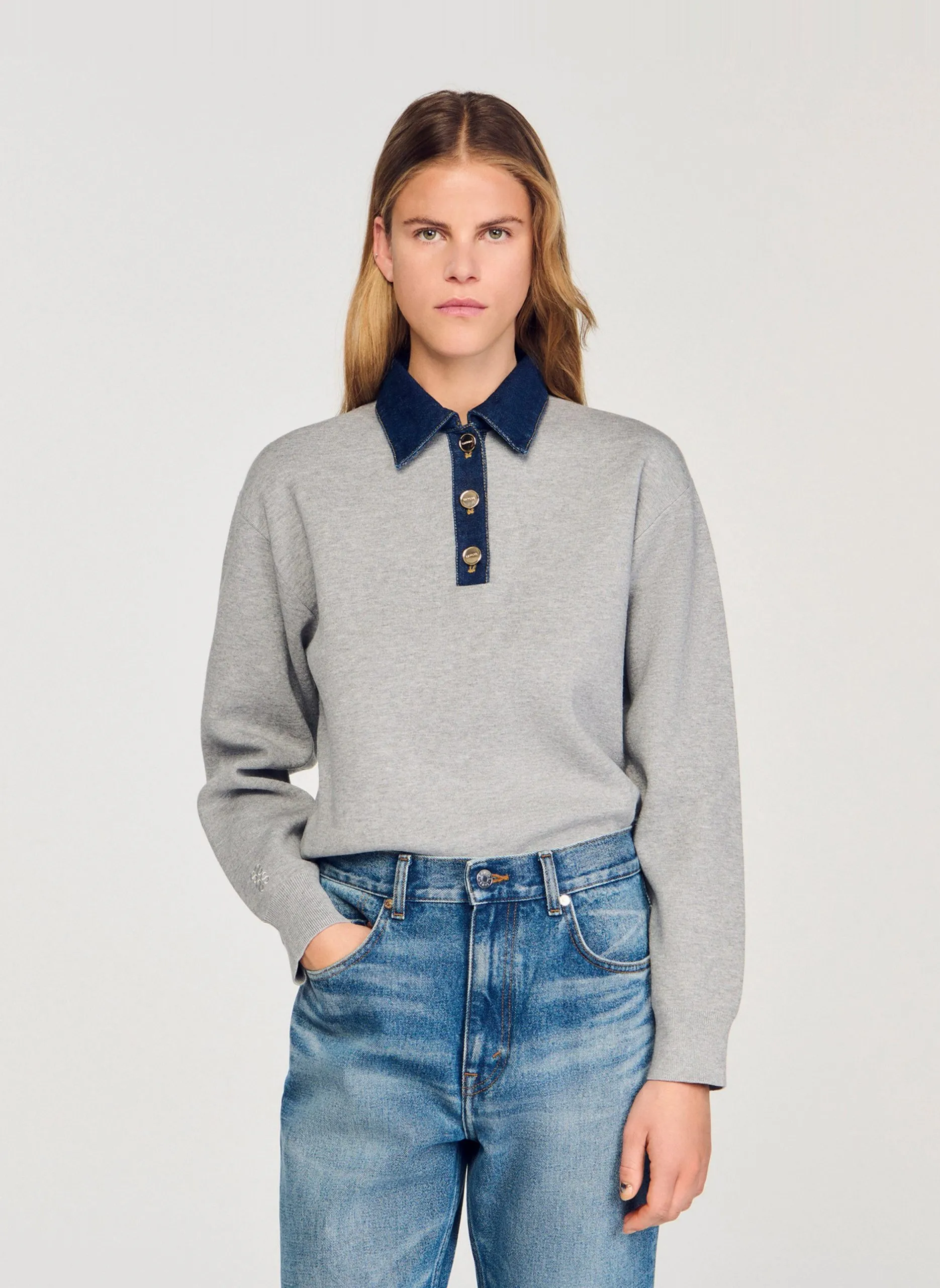 Pull ample à col en jean Gris