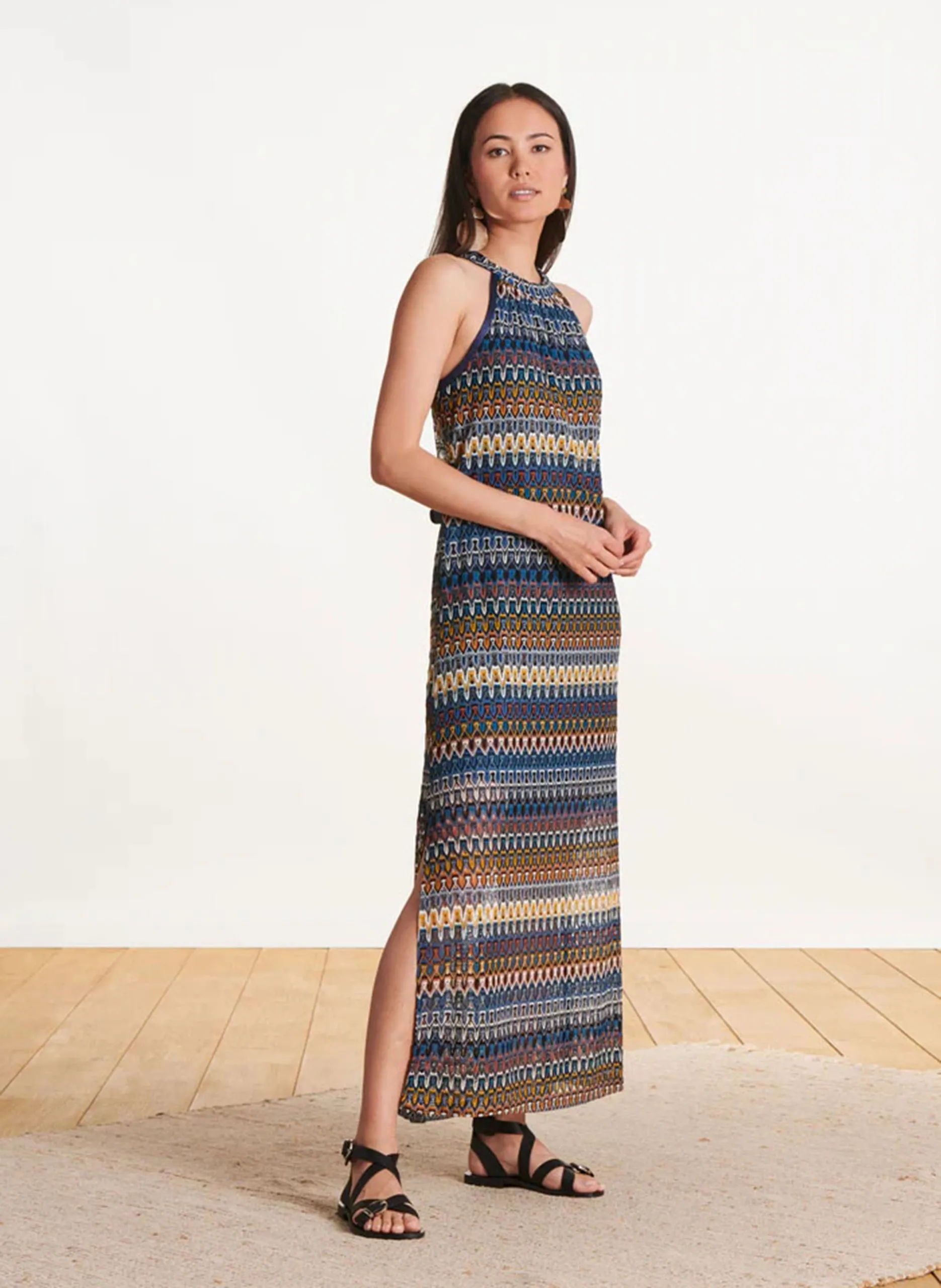 Robe midi col rond en crochet Bleu