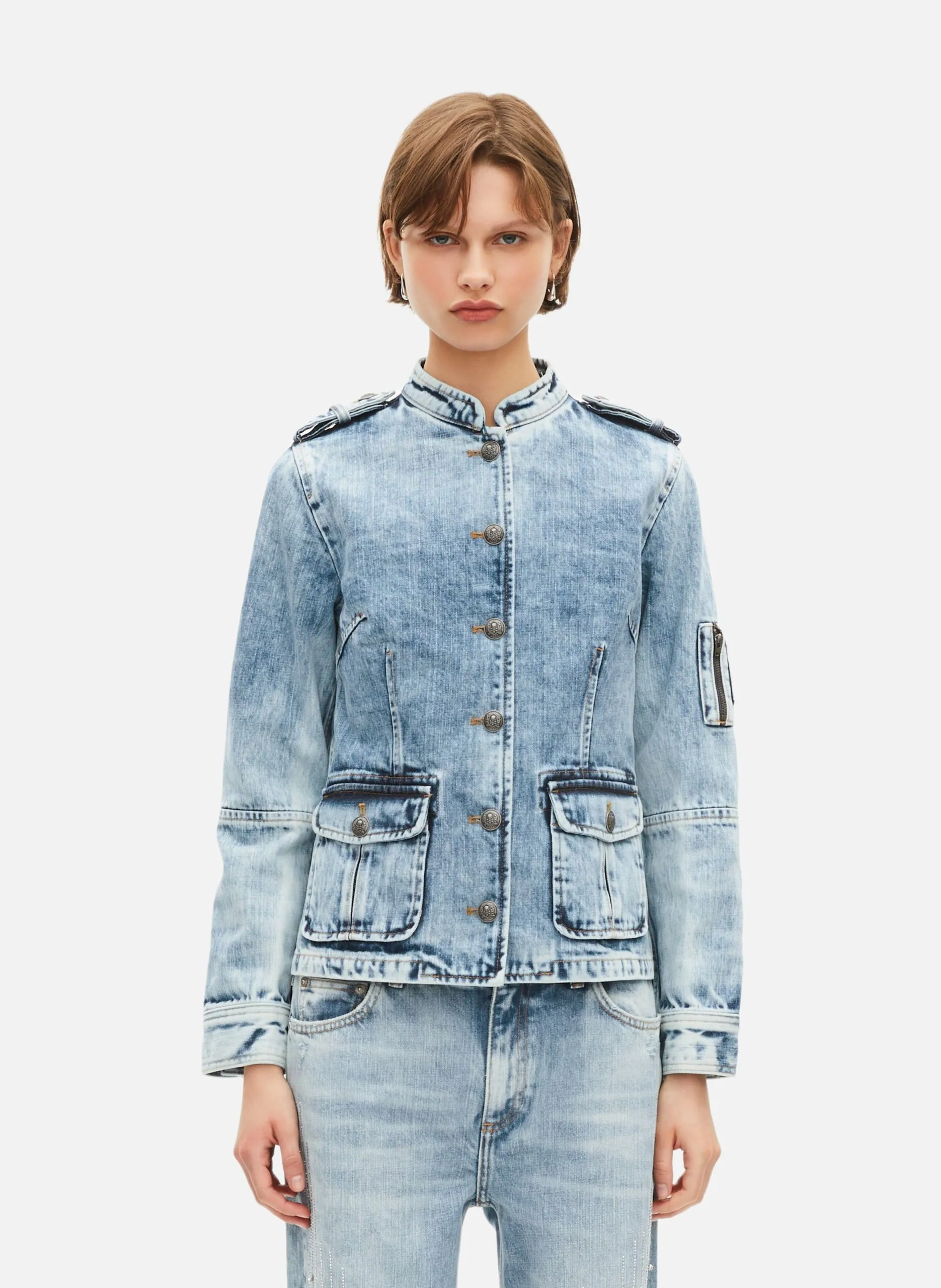 Veste style officier en denim Bleu