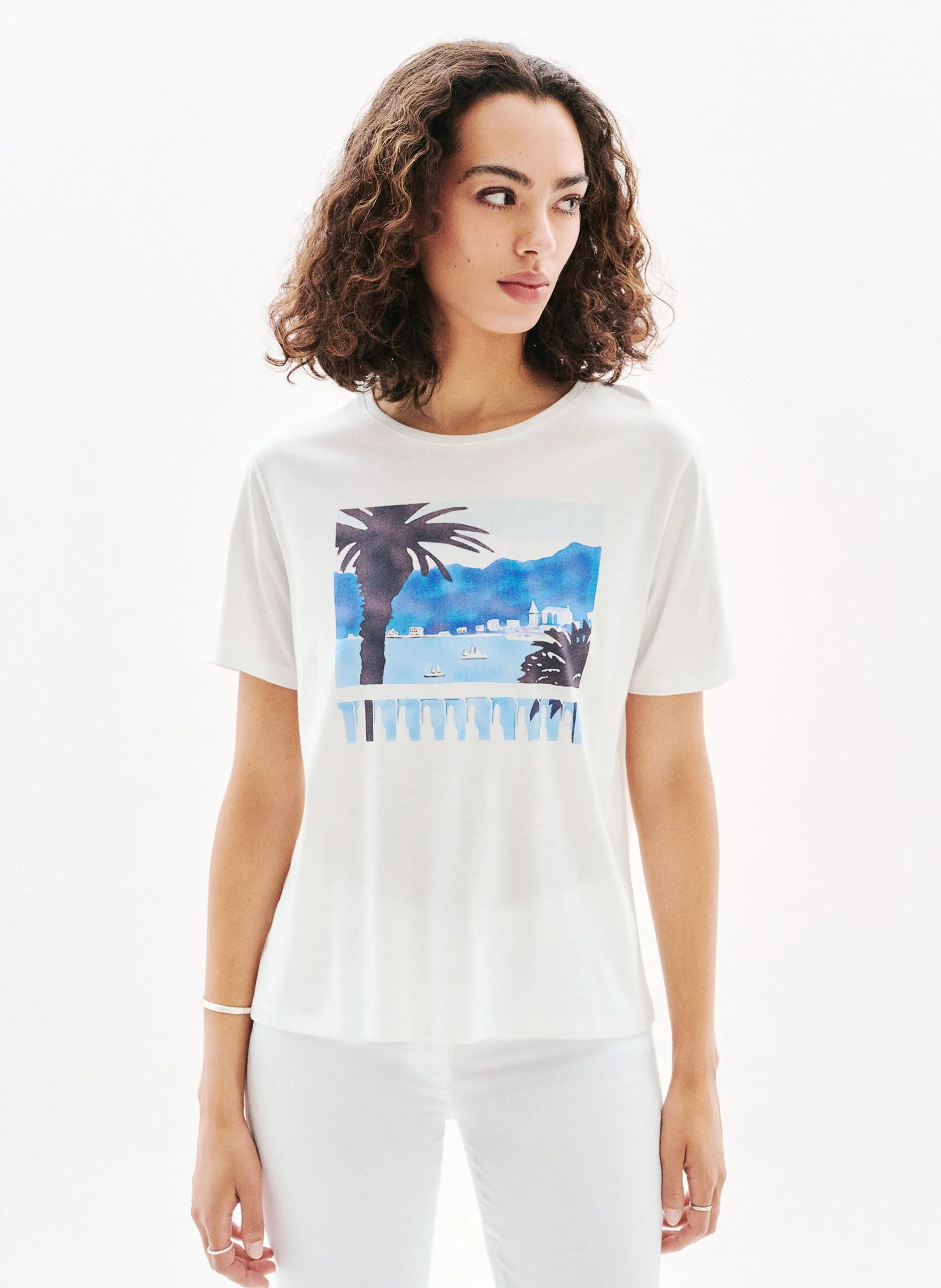 Tee-shirt droit à imprimé avant Beige 252T-TIM-PALME