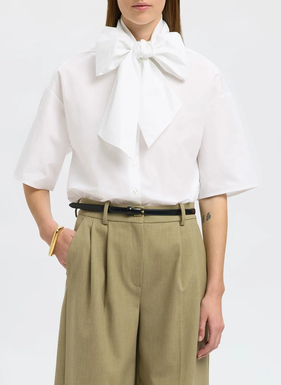 Chemise col lavallière en coton bio mélangé Blanc AYA-JUNO