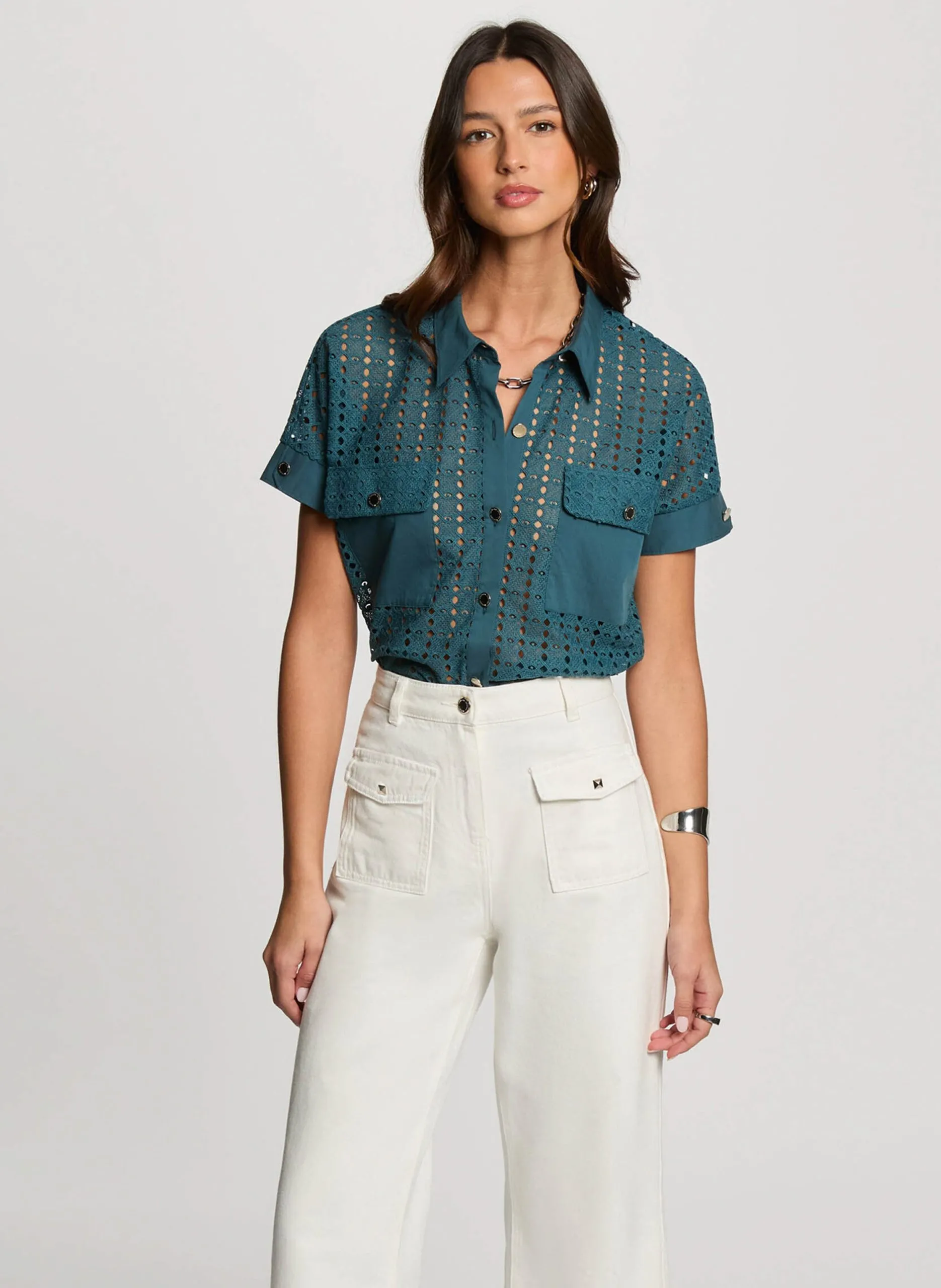 Chemise droite en guipure Bleu 252-CITILI