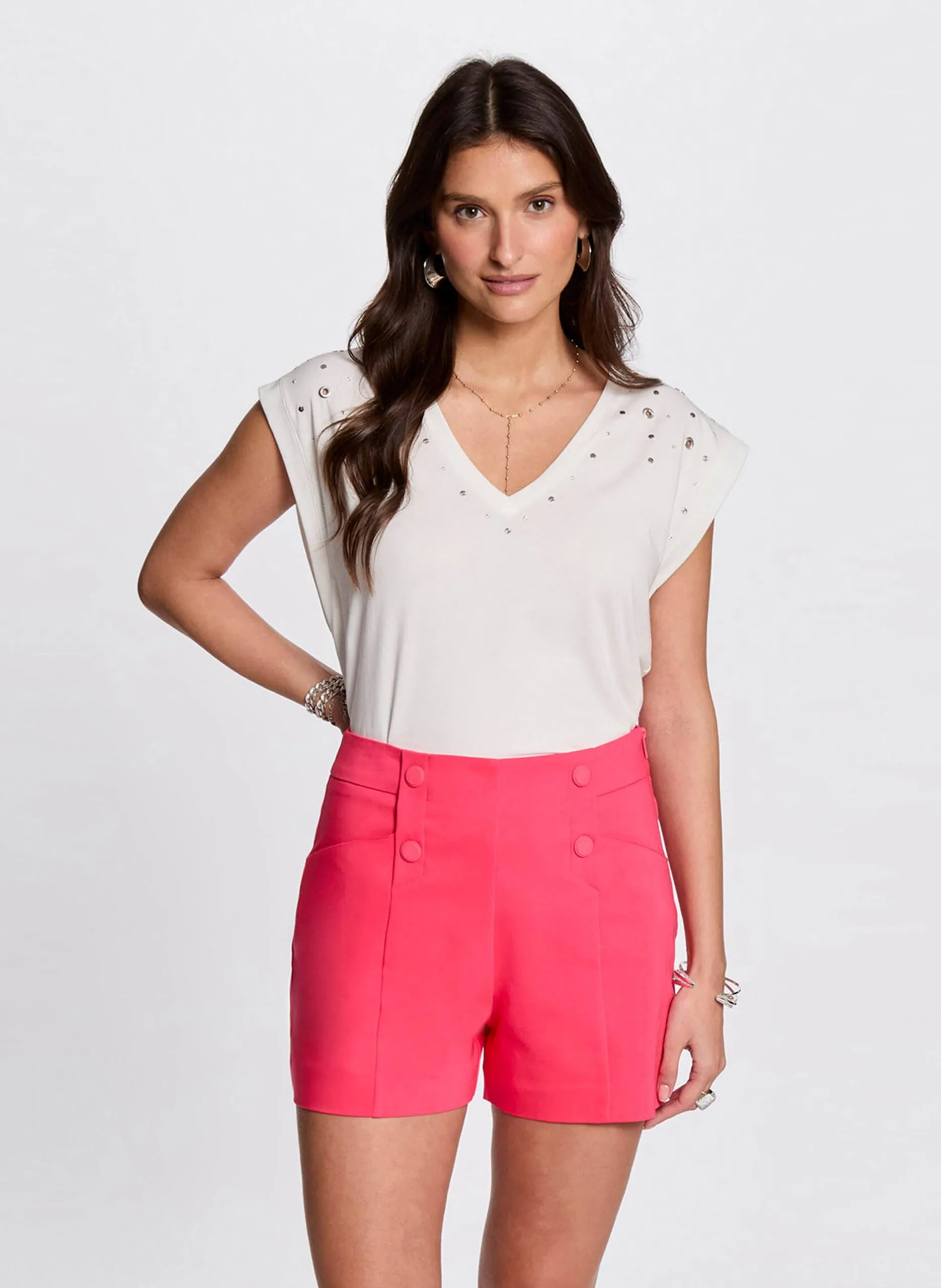 Tee-shirt col v en coton mélangé Noir 252-DCLO