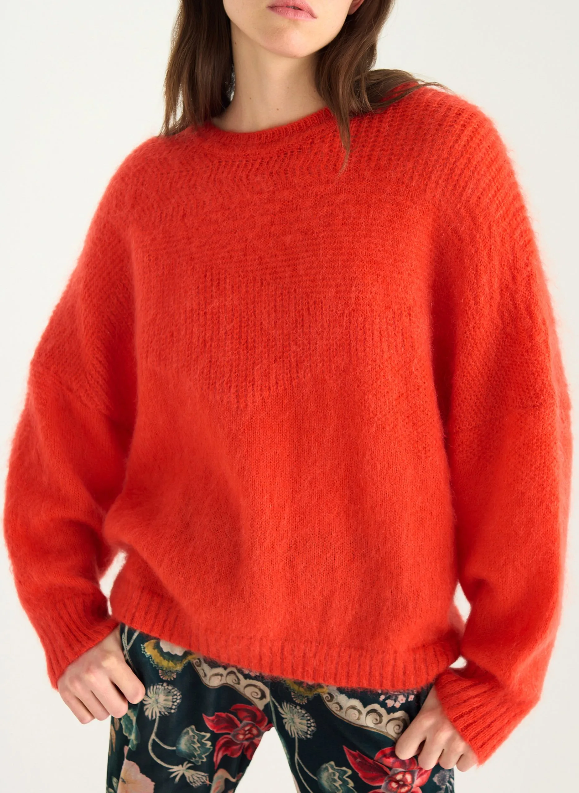 Pull oversize col rond en laine mélangée Rouge