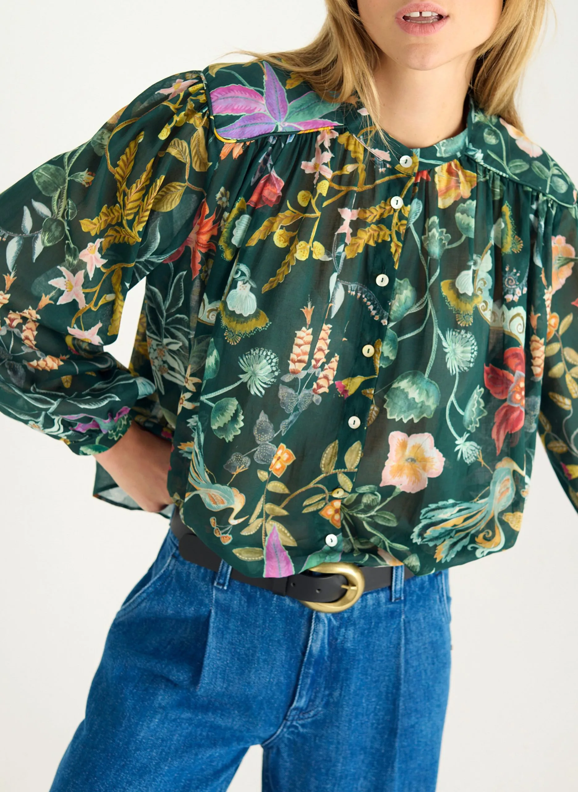 Chemise ample col rond imprimée Vert