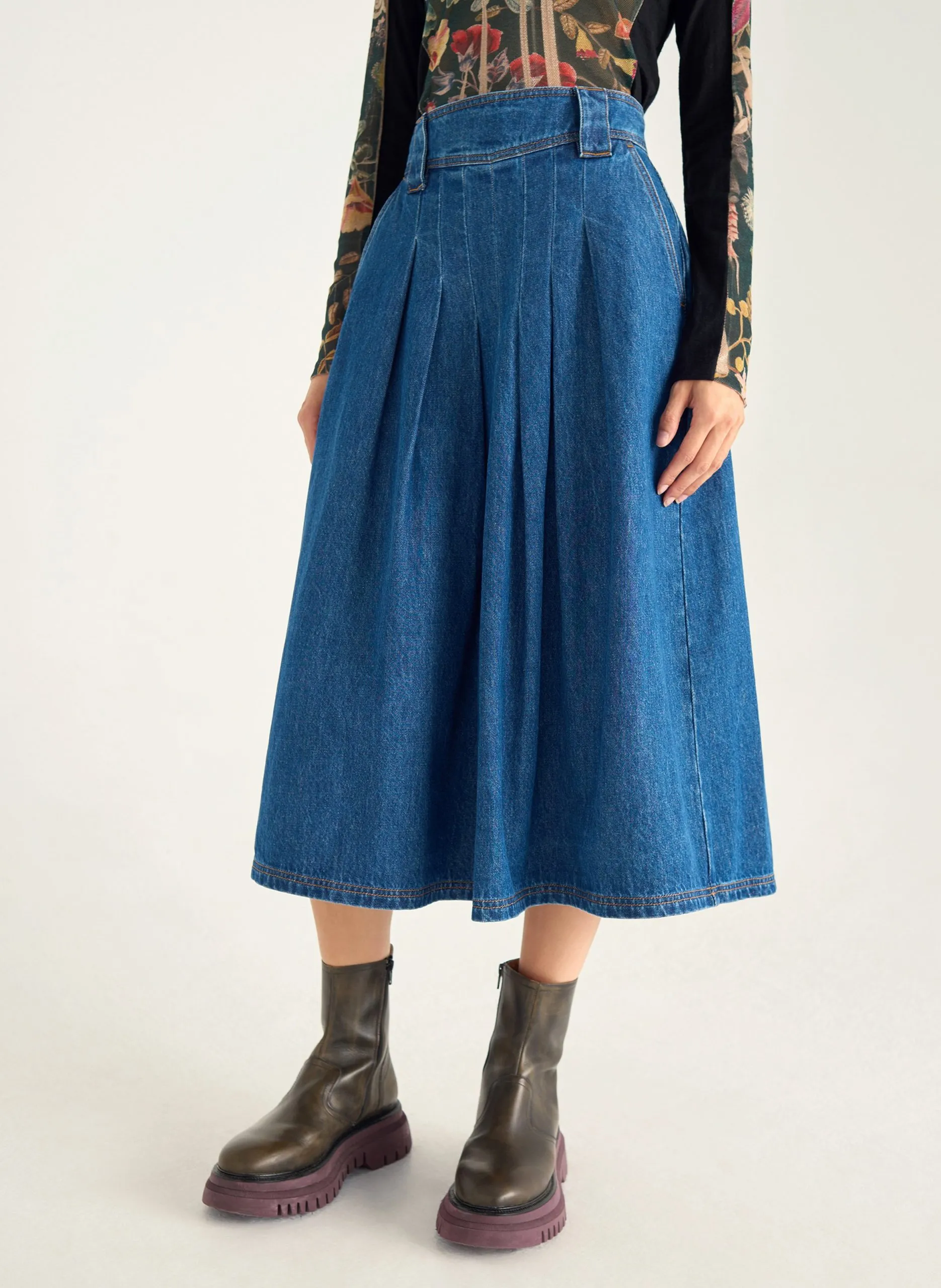 Jupe évasée taille haute en jean Bleu