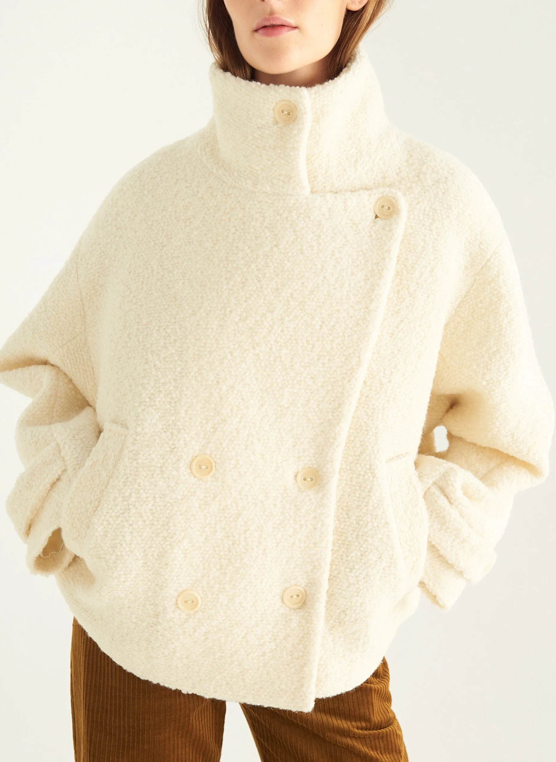 Manteau boutonné col montant en laine mélangée Blanc