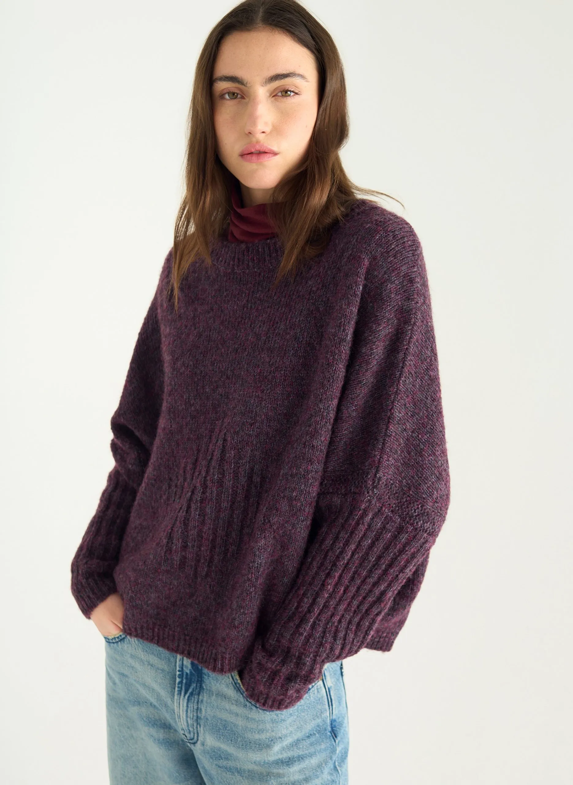 Pull oversize col rond en coton mélangé Violet