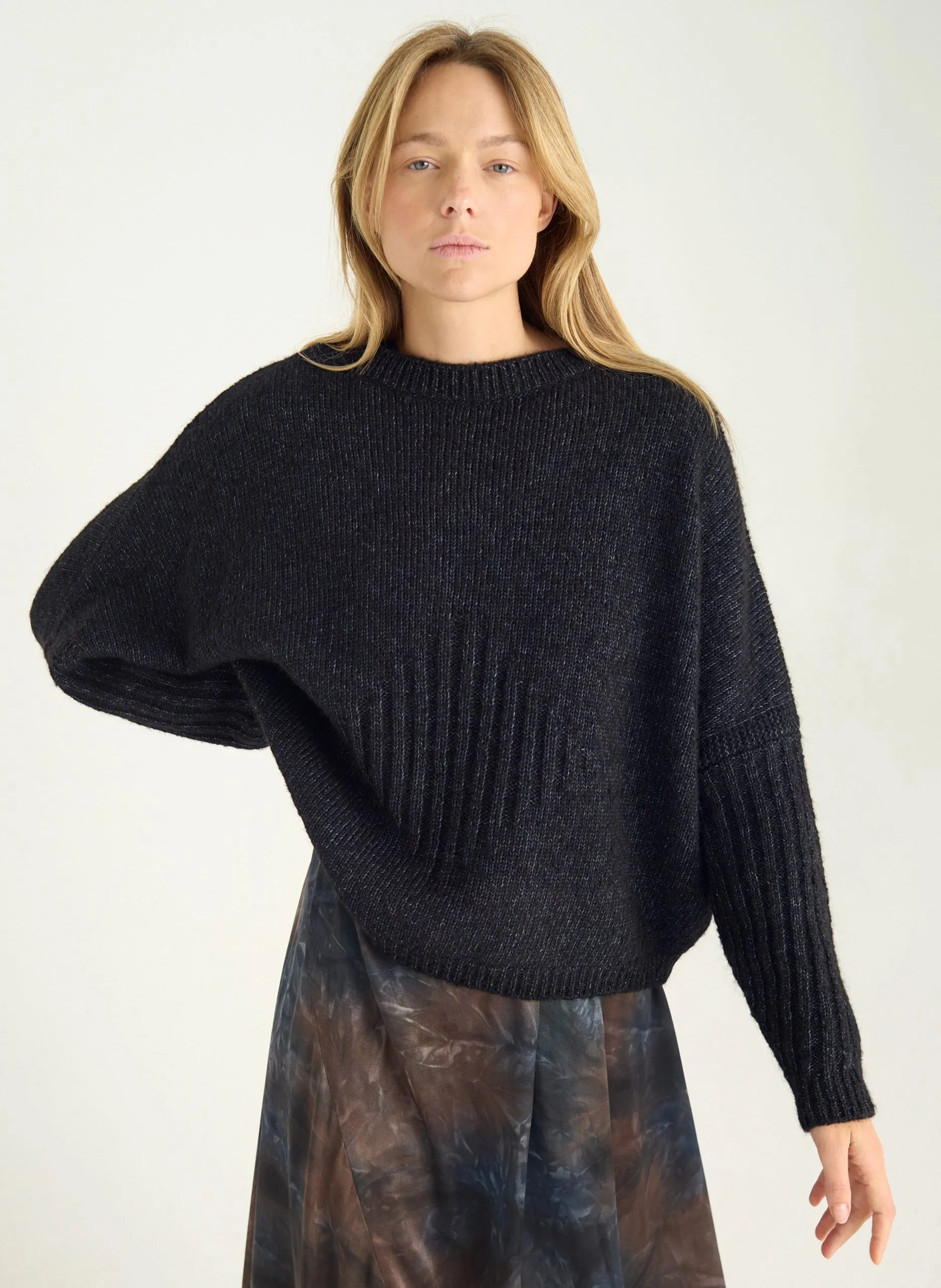 Pull oversize col rond en coton mélangé Noir