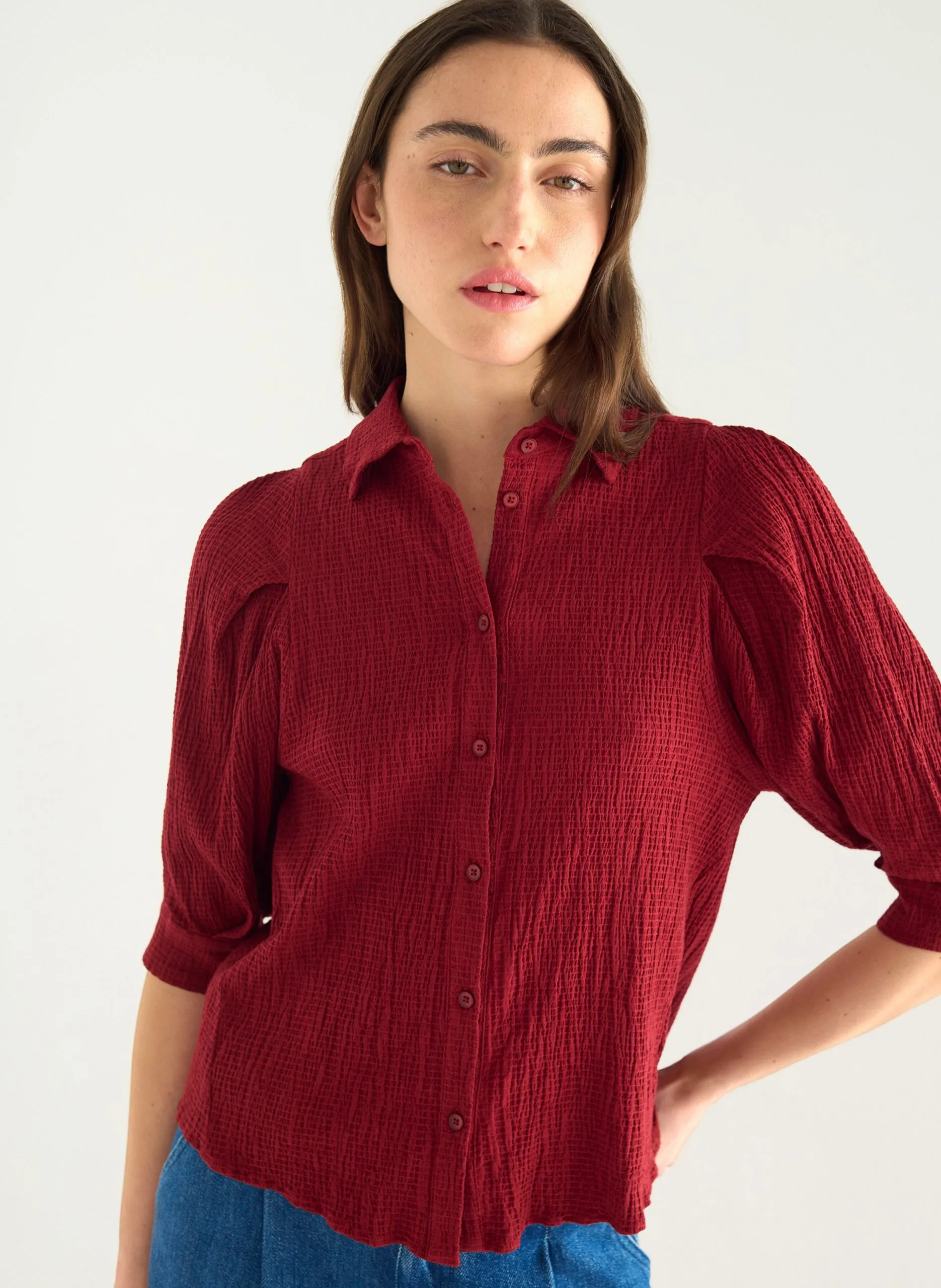 Chemise col classique en coton mélangé Rouge