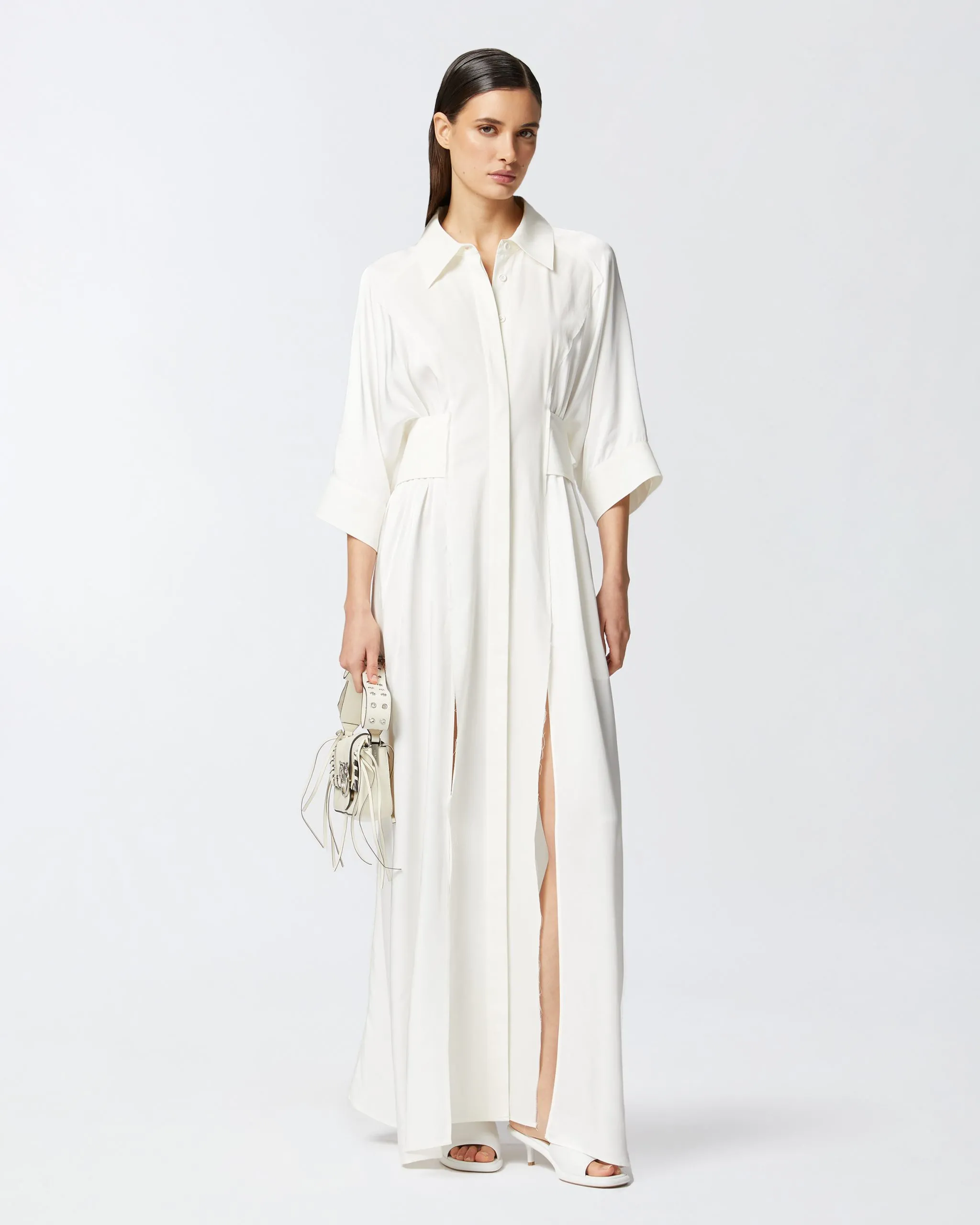 Robe chemise longue en habotai et coton Blanc