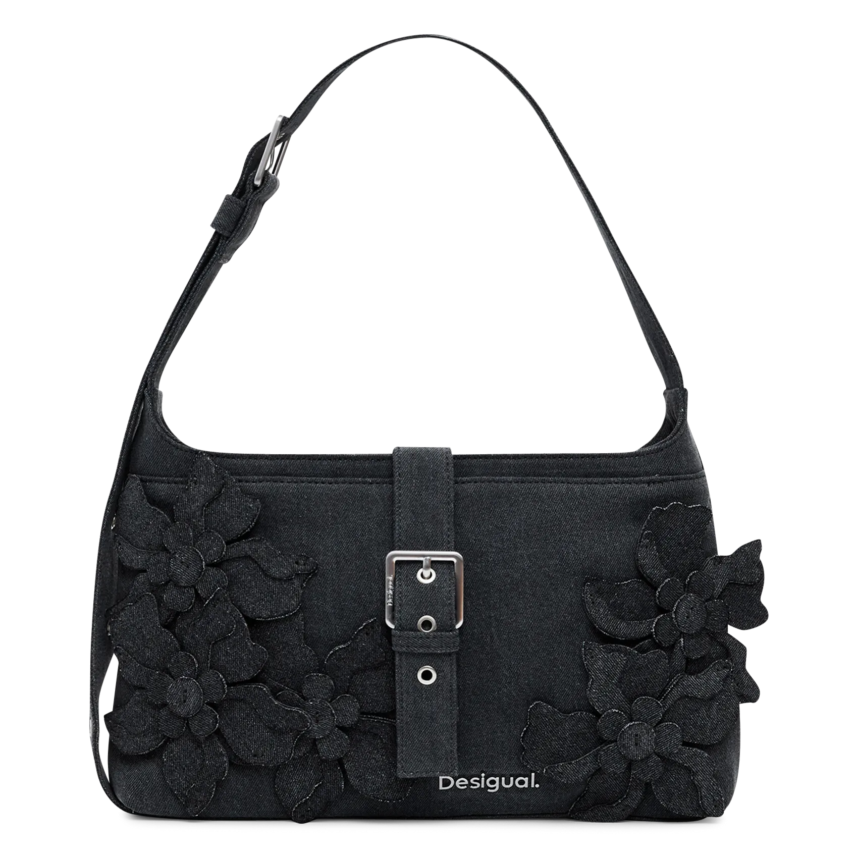 Sac porté épaule à fleurs en denim Noir