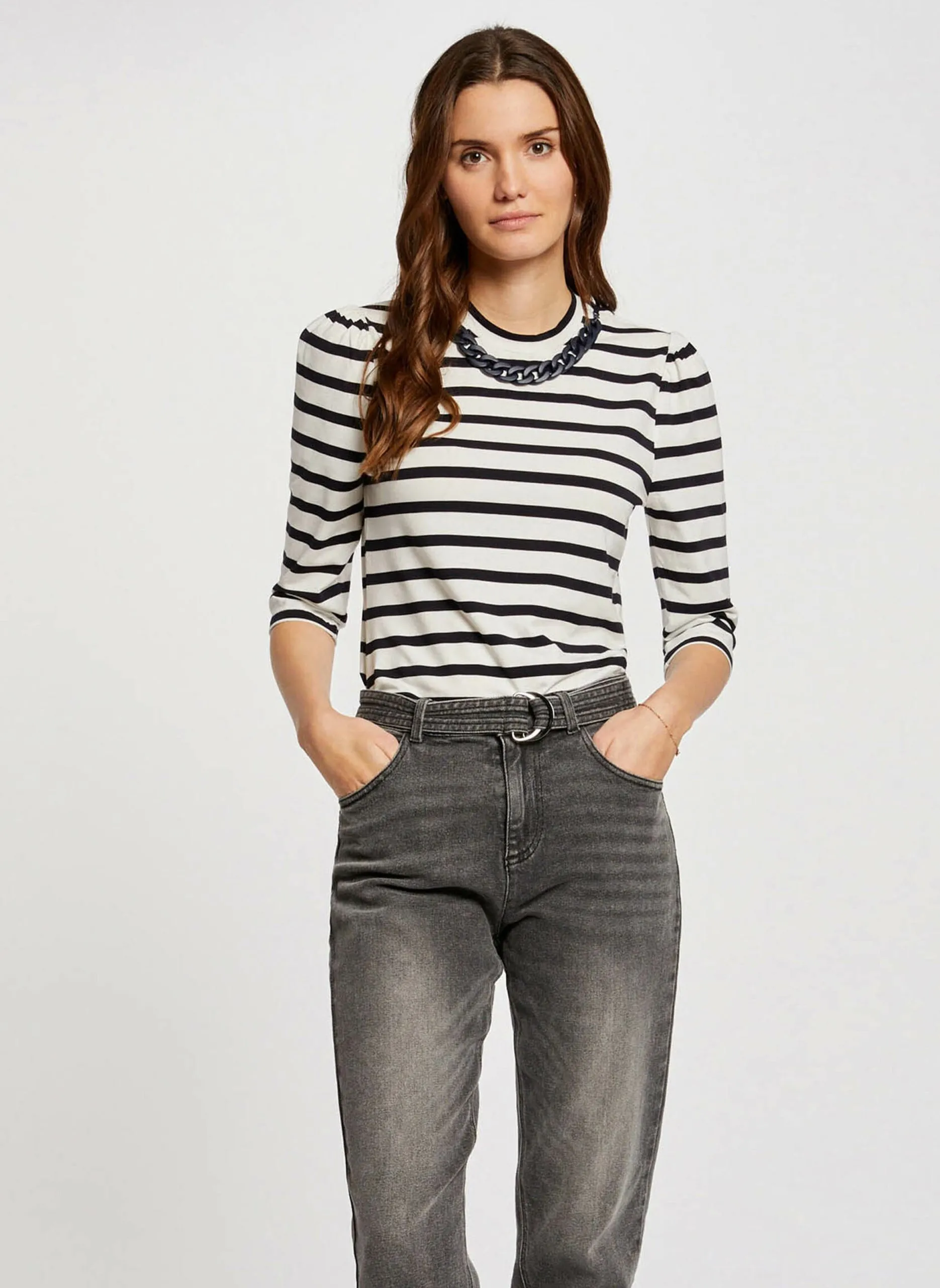 Tee-shirt droit col rond en coton mélangé rayé Beige 241-TNOU