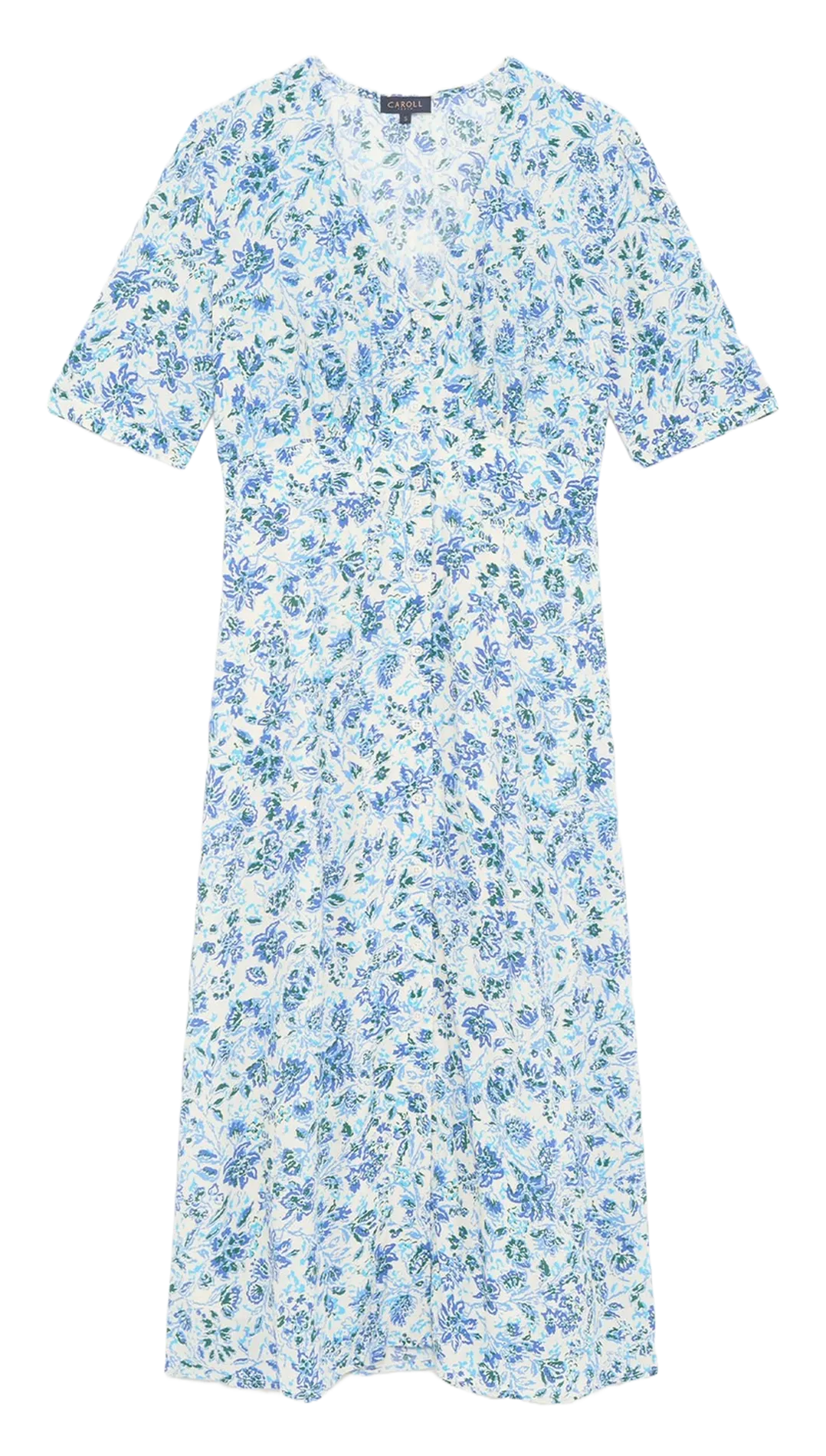 Robe midi fluide col V imprimée Bleu 252R-RELINA