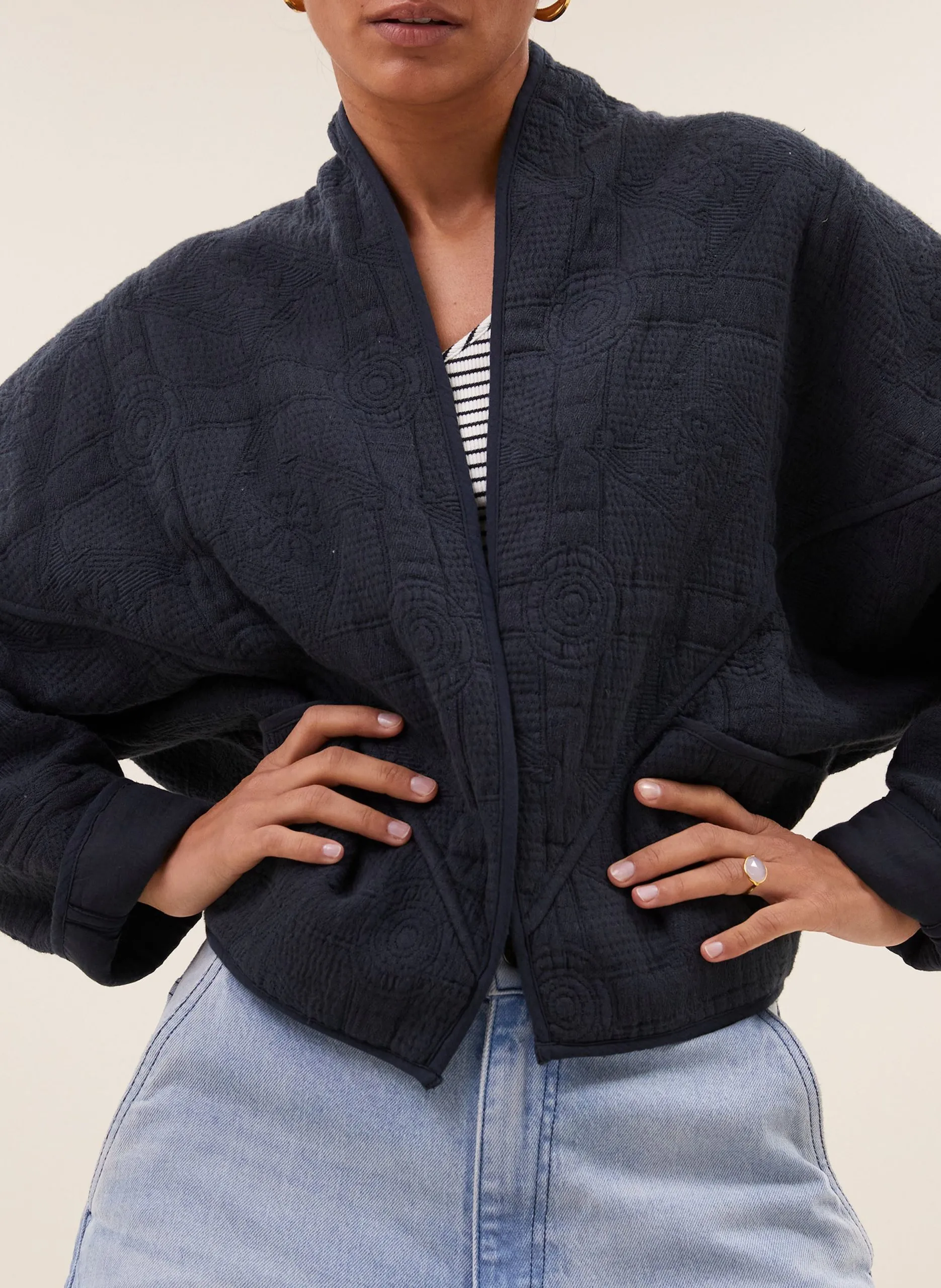 Manteau ample jacquard uni Bleu FLORA