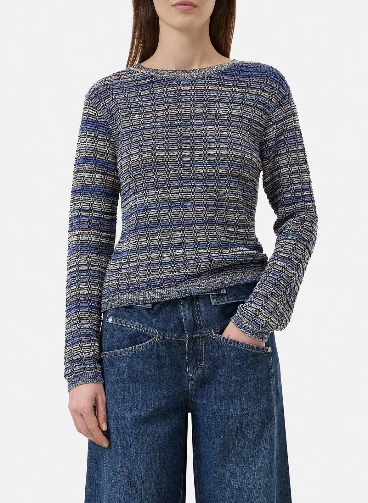 Pull col rond à rayures Noir