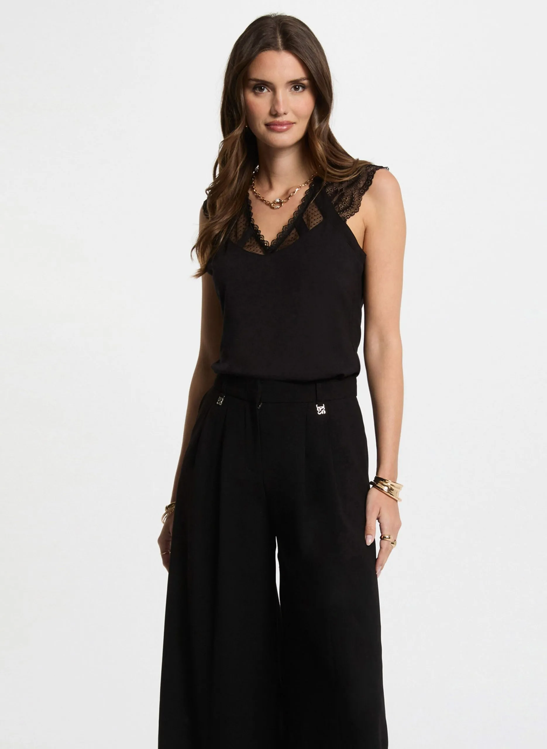 Top sans manches droit à dentelle Noir 252-DEMYL