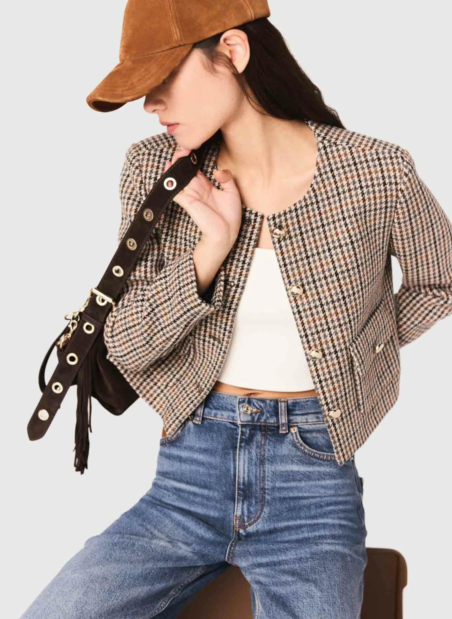 Veste courte à carreaux Beige