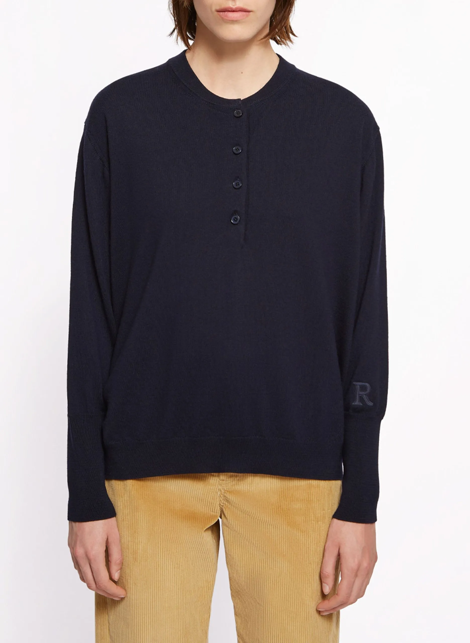 Pull ample col rond brodé en laine vierge Gris ELLA