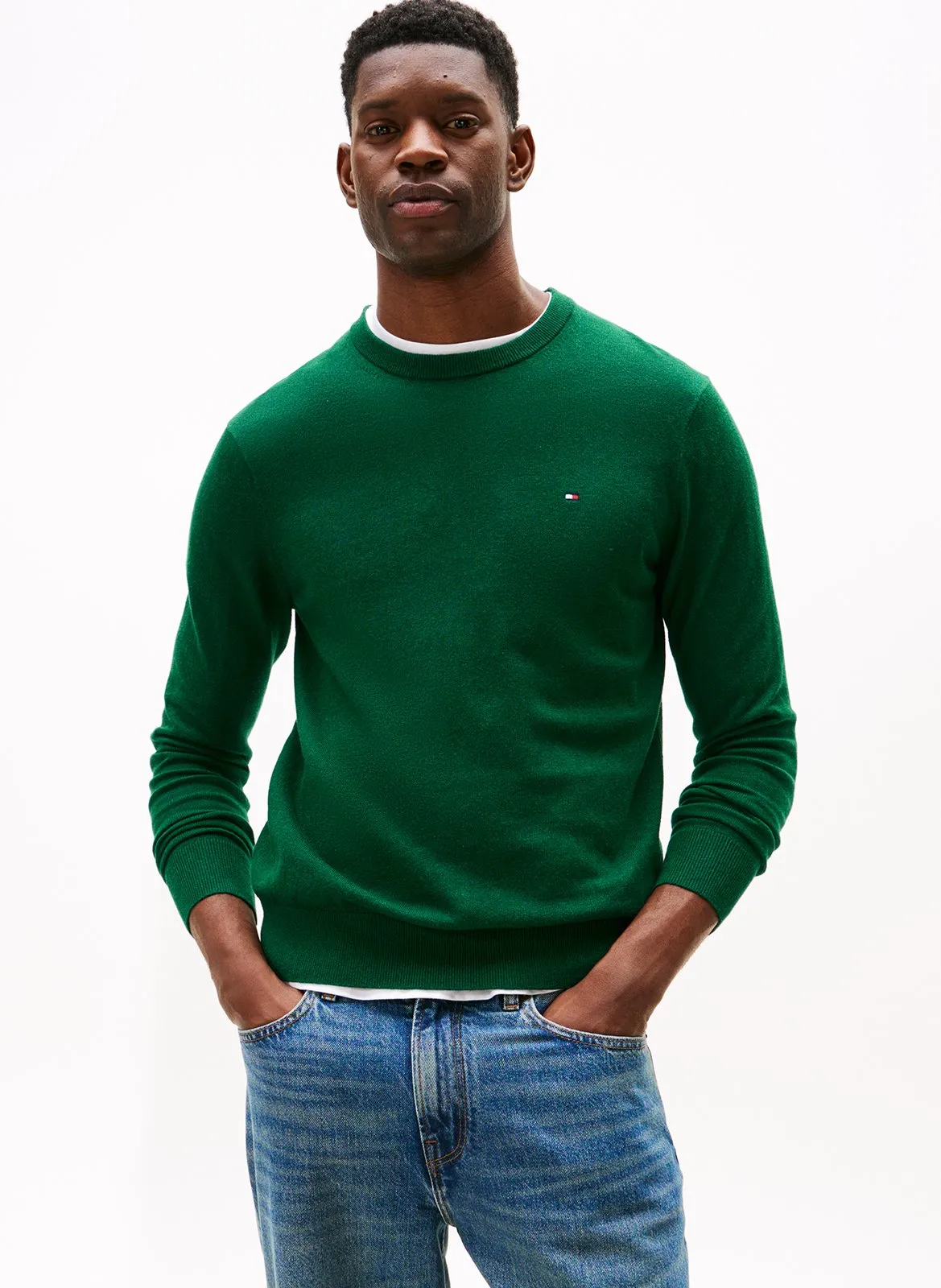 Pull col rond en coton mélangé Vert