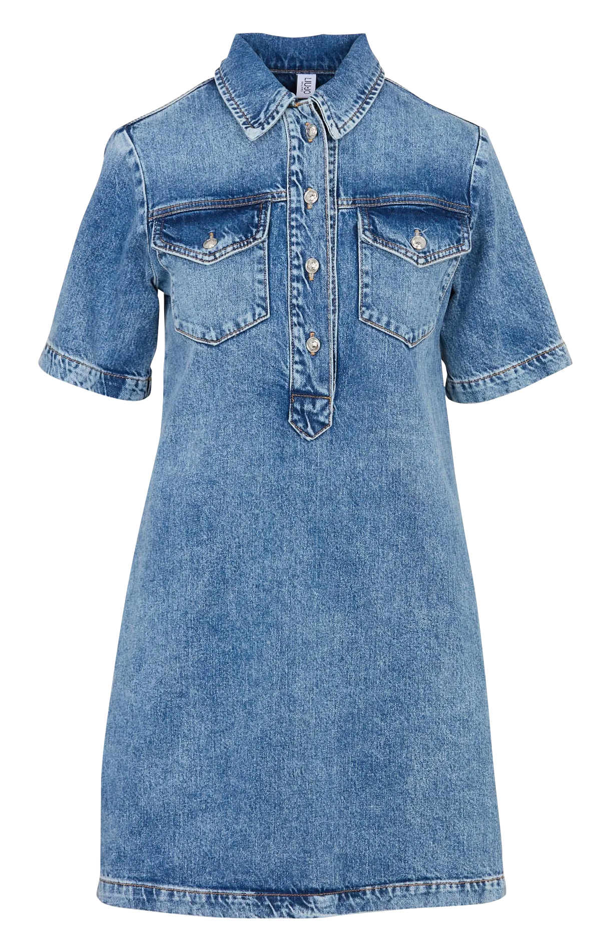 Robe courte col classique en denim de coton Bleu