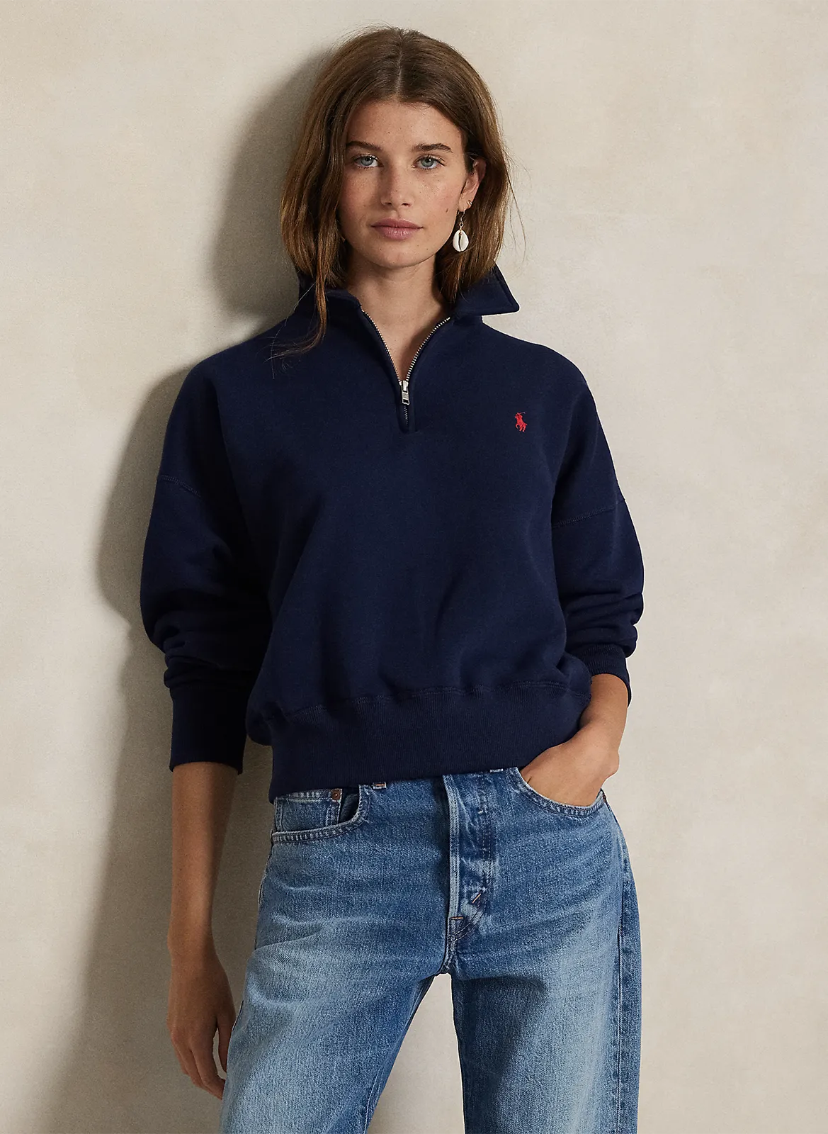 Sweat col classique en coton mélangé Bleu