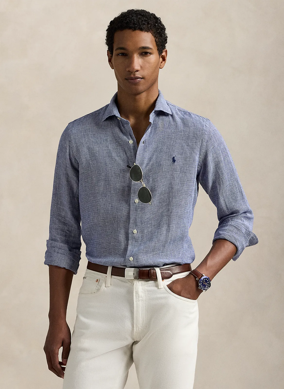 Chemise col classiqie en lin Bleu