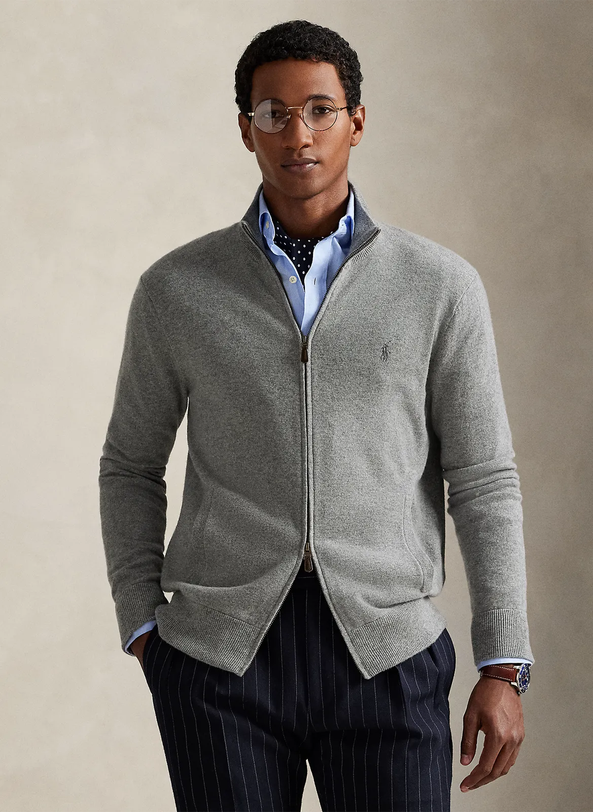 Gilet zippé à broderie logo en laine Gris