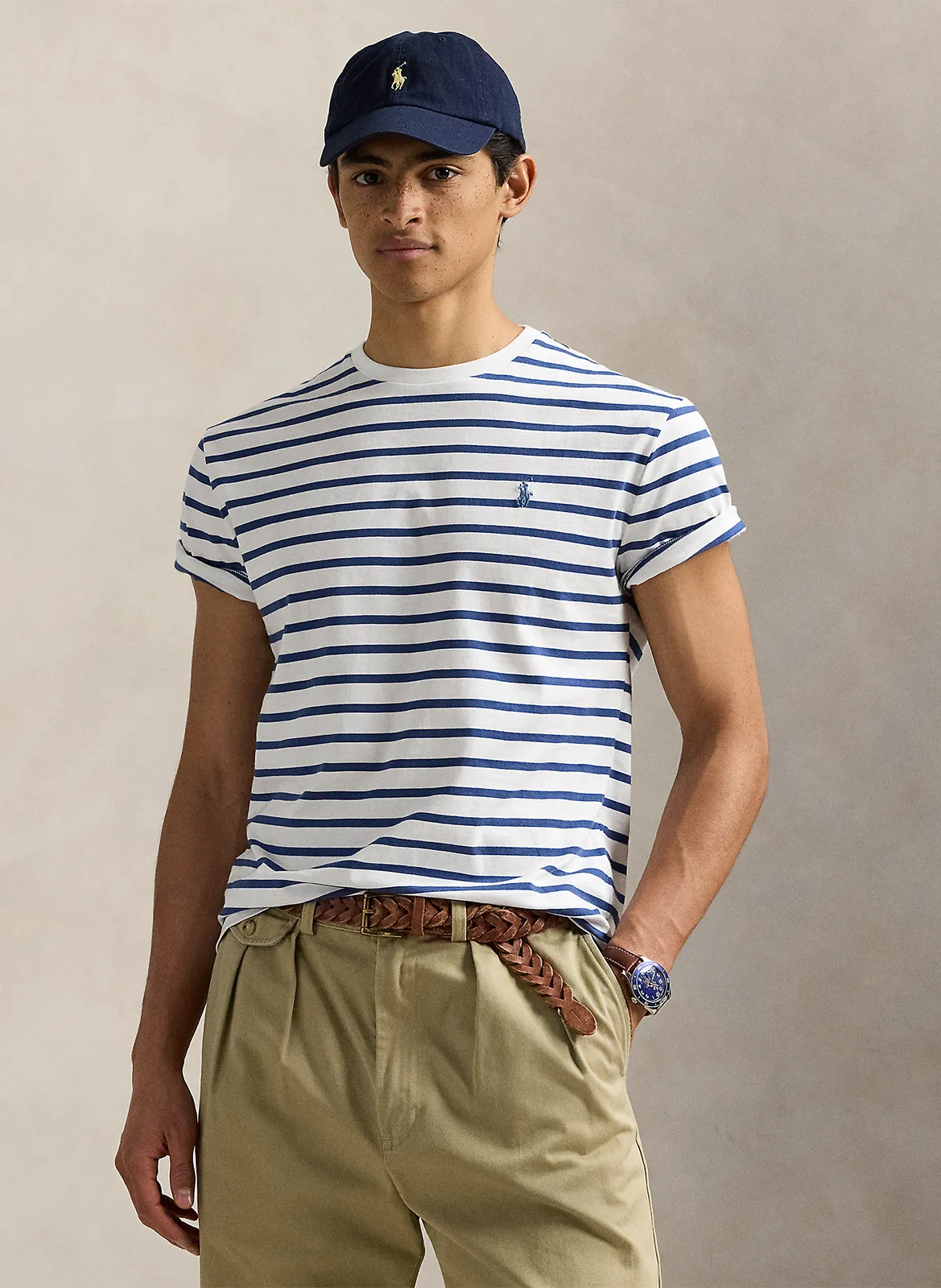 Tee-shirt col rond à rayures Bleu