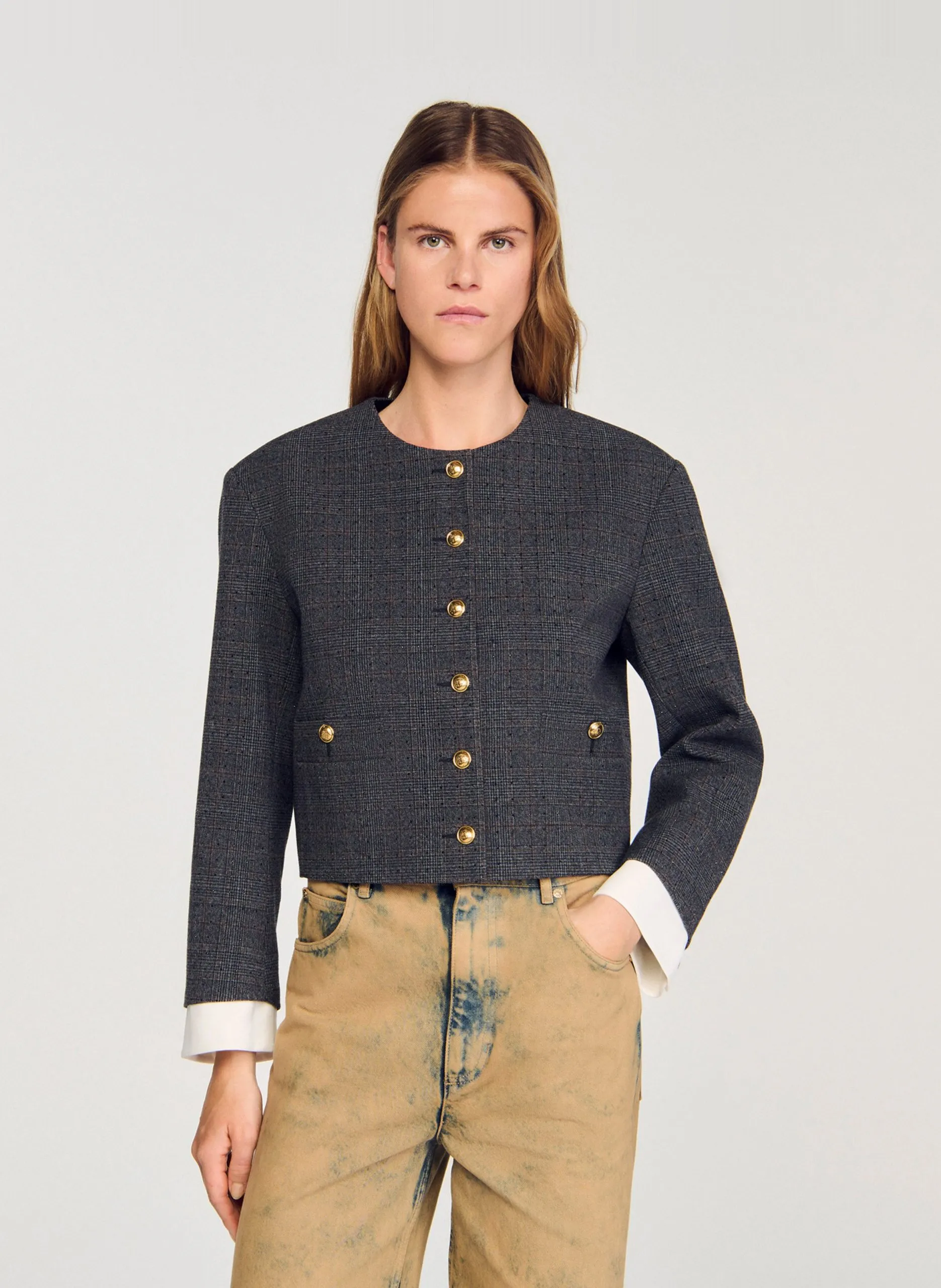 Veste tailleur droite imprimée Gris